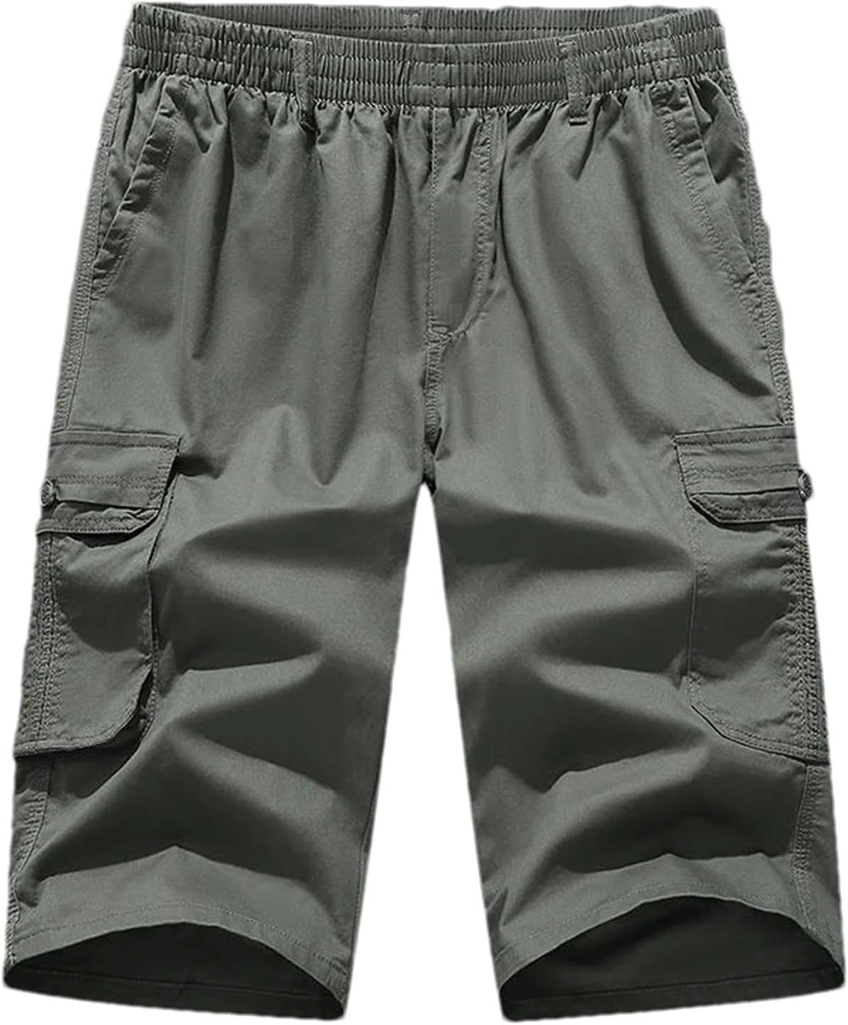 Man Shorts Casual Pants Light Weight Cotton Long Shorts Below Knee 3/4 Pants Elastic Waist with Belt Cargo Shorts Light Army EN8 XL