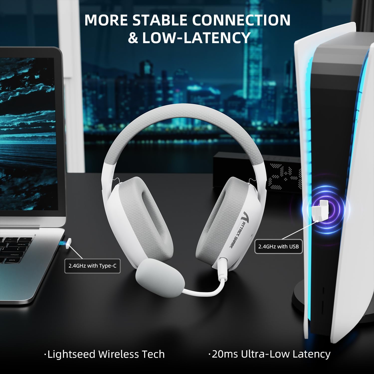 ATTACK SHARK L80PRO headset connected to a laptop via USB-C and a gaming console via USB-A dongle, illustrating stable and low-latency 2.4GHz wireless connection.