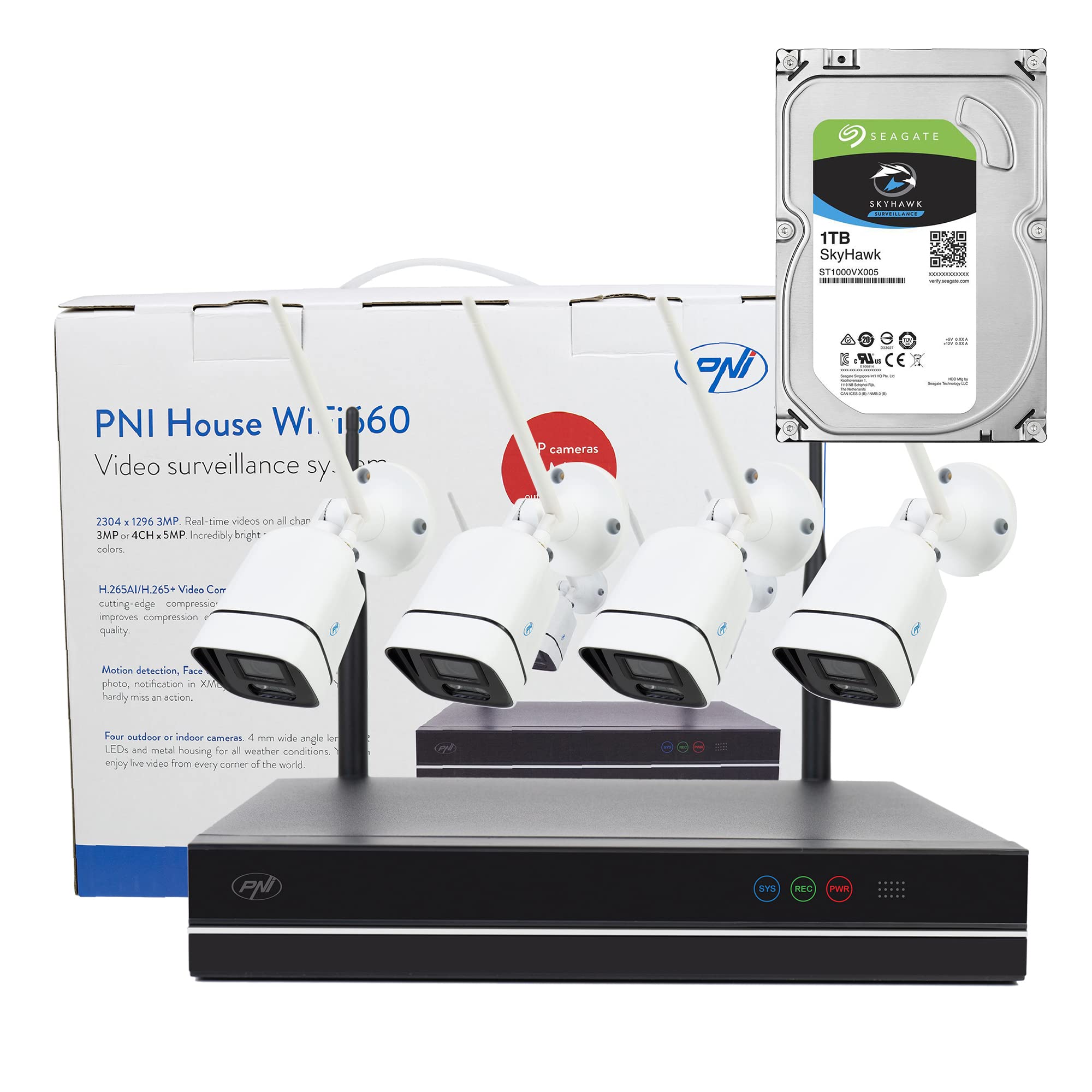 Kit videosorveglianza NVR PNI House WiFi660 e 4 telecamere wireless, 3MP con HDD 1tb incluso