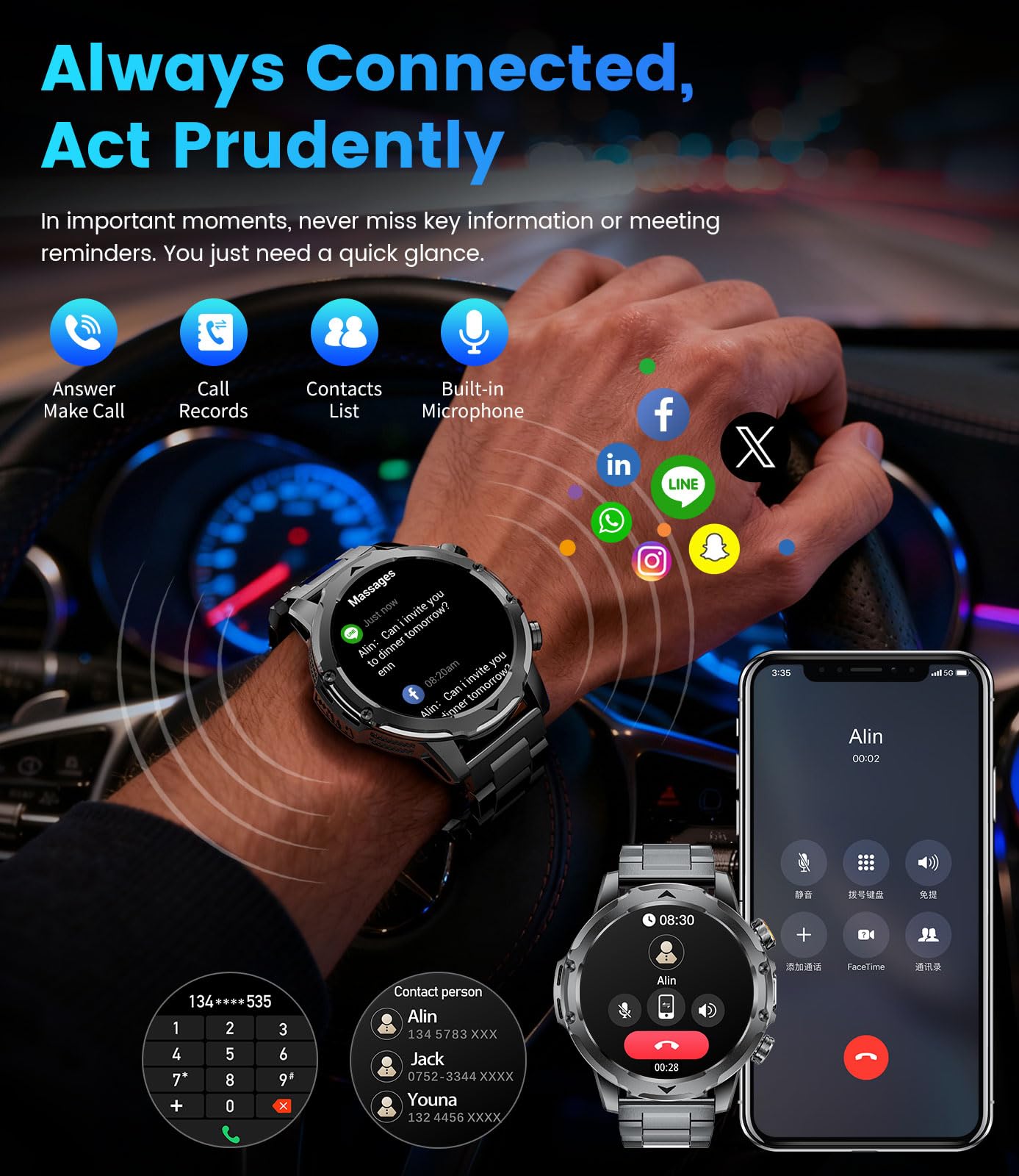 Military Smart Watch for Men, 1.53" Fitness Tracker with 1000 mAh Ultra-Long Battery/Flashlight/Bluetooth Calling/Health Monitor / 120+ Sports Modes / IP68 Waterproof for iOS Android, Black - 5