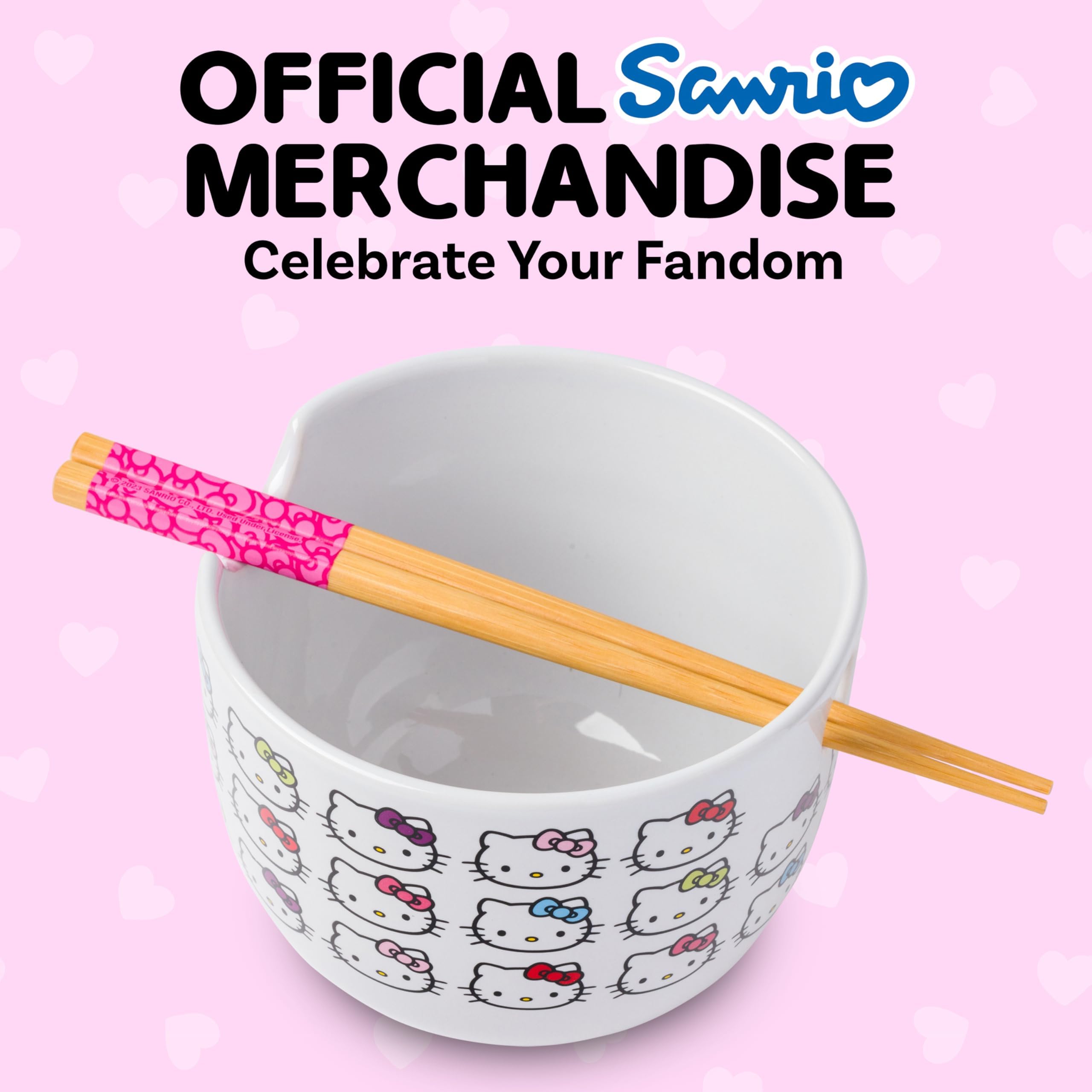 Silver Buffalo Hello Kitty Faces and Bows Ceramic Ramen Bowl with Chopsticks, 20 Ounces