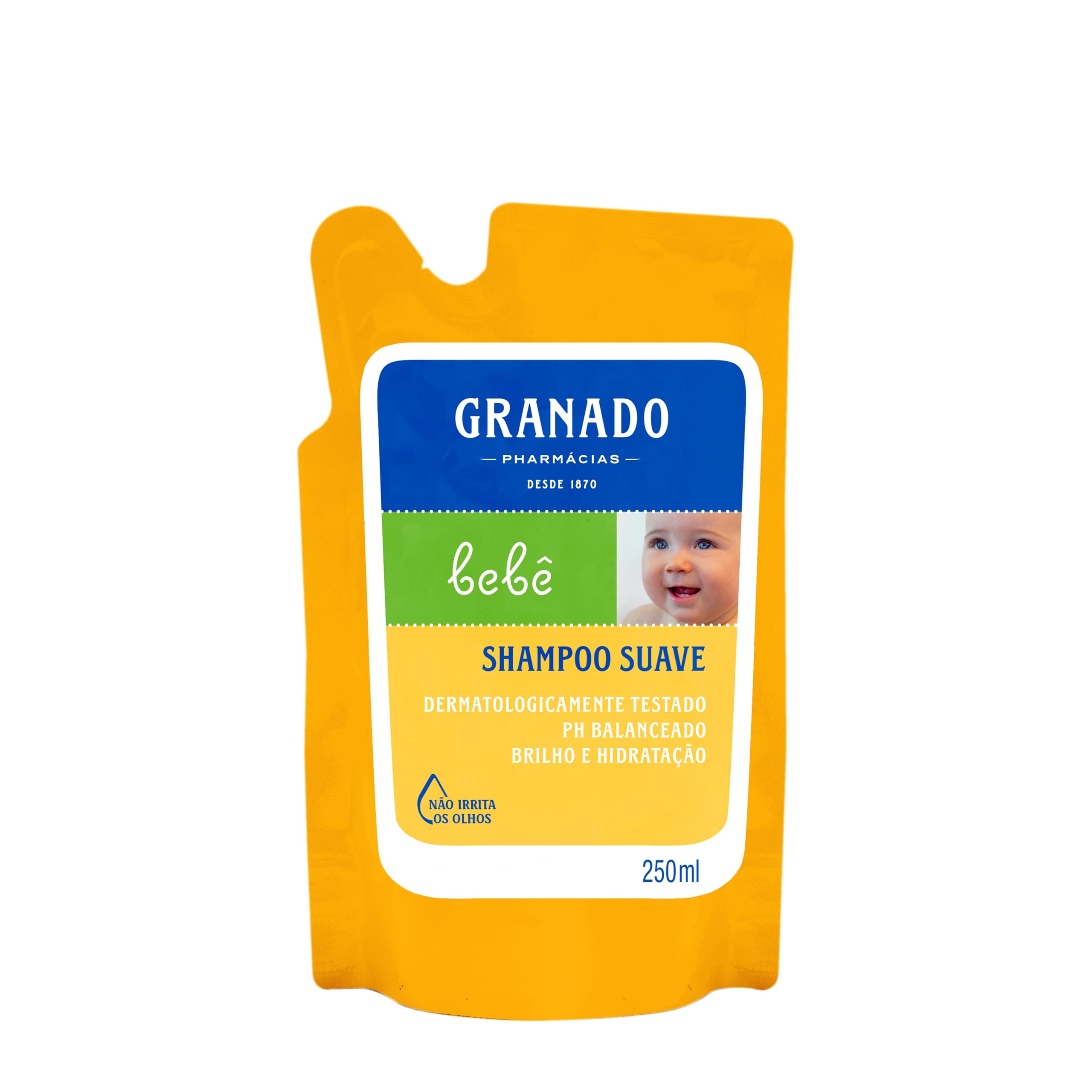 Refil do Shampoo Suave Granado Bebê Tradicional 250ml em embalagem amarela