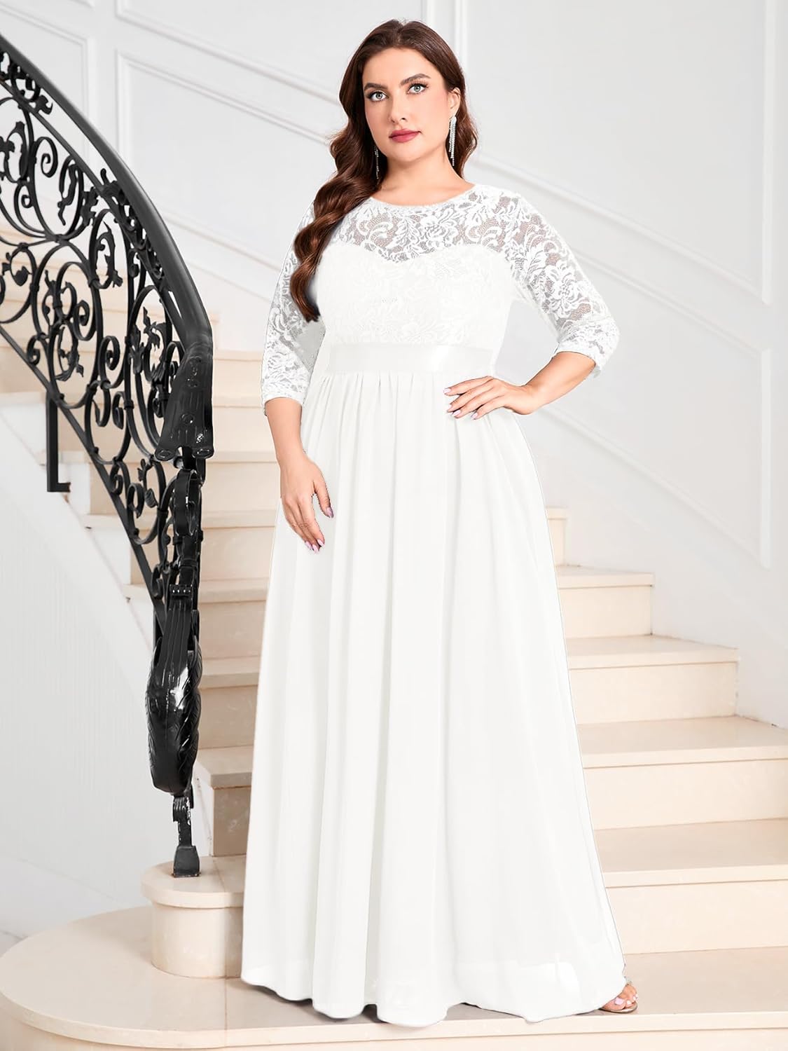 CYCLAMEN Plus Size Formal Lace Chiffon Dress Elegant 3/4 Sleeves Maxi Evening Gown Wedding Bridesmaid Party Dresses - Image 4