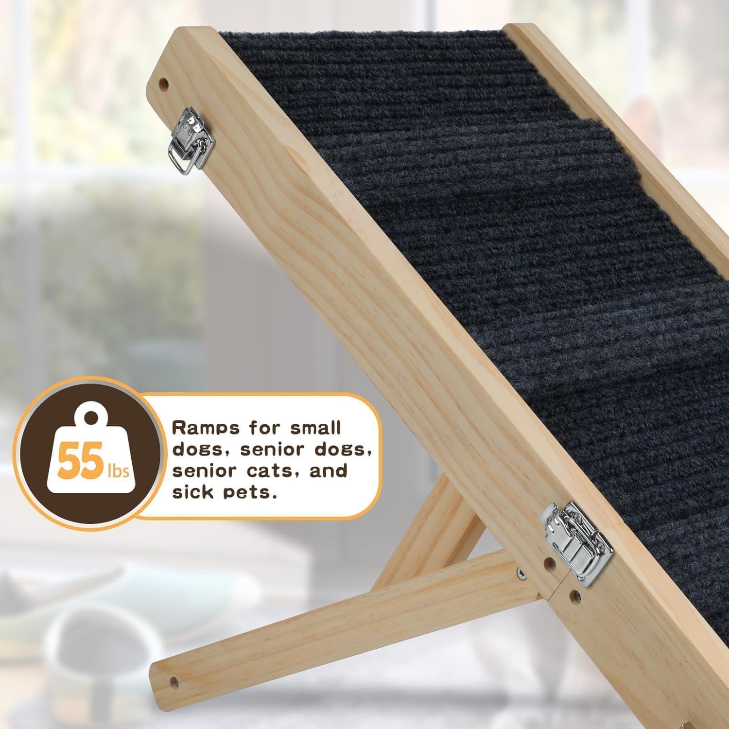 Wooden Adjustable Dog Ramp for Small Dogs, Folding Portable Doggie Ramp Rated for 55 LBS Adjustable 8.3"-17.3" Dog Ramp for Bed with Non-Slip Traction Mat