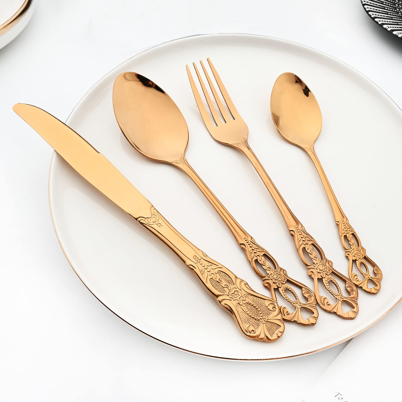 Royal - Vajilla de 24 piezas con espejo de oro rosa, de acero inoxidable 18/10 para 6 vajillas, ideal para bodas, restaurantes, lavaplatos