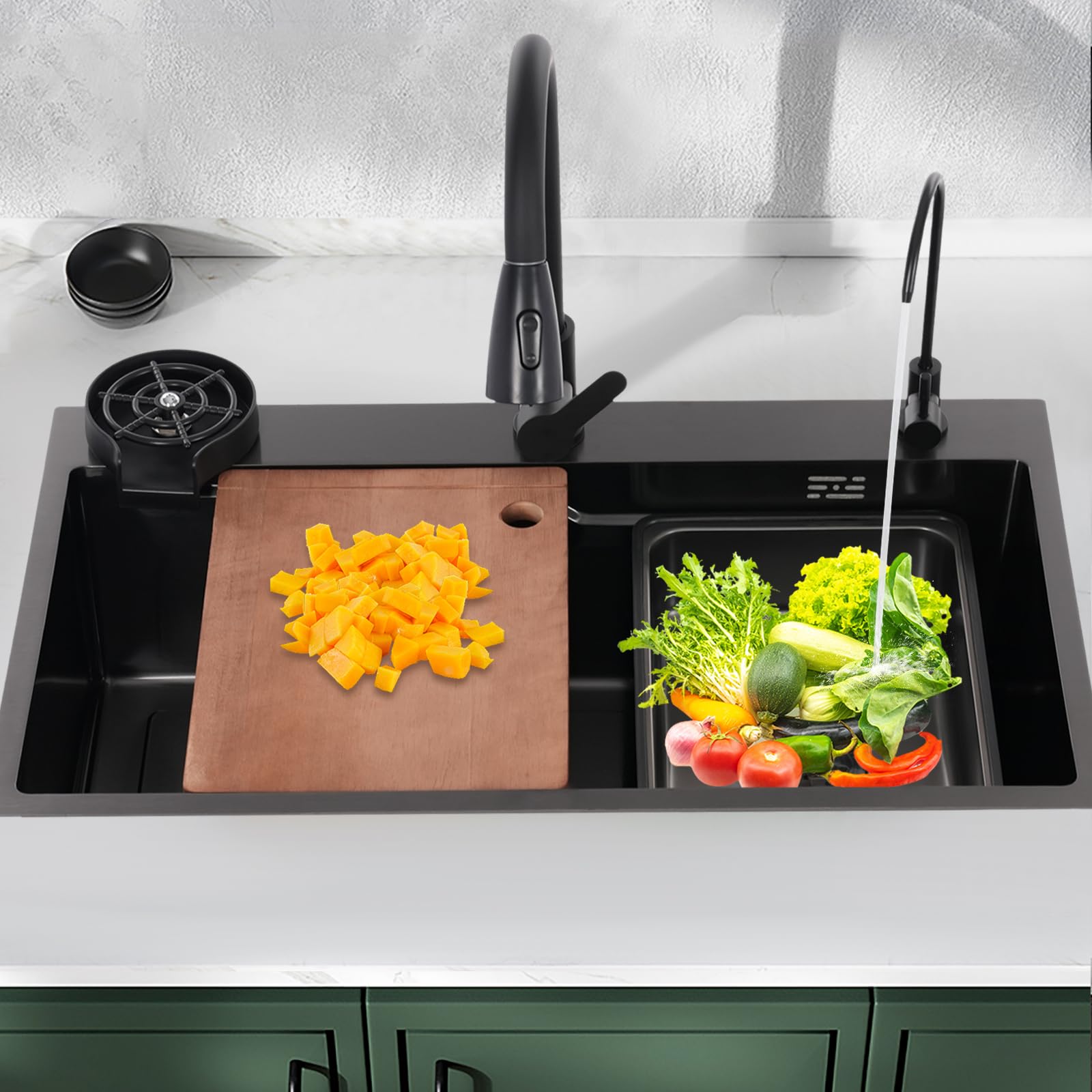 MINRS Évier de cuisine noir avec robinet, 75 x 45 cm, encastrable avec lave-vaisselle à tasses, planche à découper et égouttoir, 1 bac avec trois modes de sortie d'eau