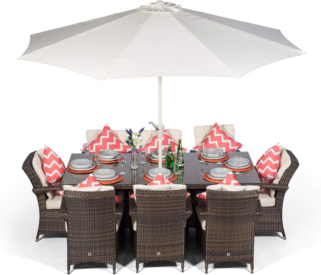 Arizona Luxury Rattan Dining Set | Rectangle 8 Seater Brown Rattan Dining Set | Outdoor Poly Rattan Garden Table & Chairs Set | Wicker Garden Dining Furniture Set + Parasol & Cover