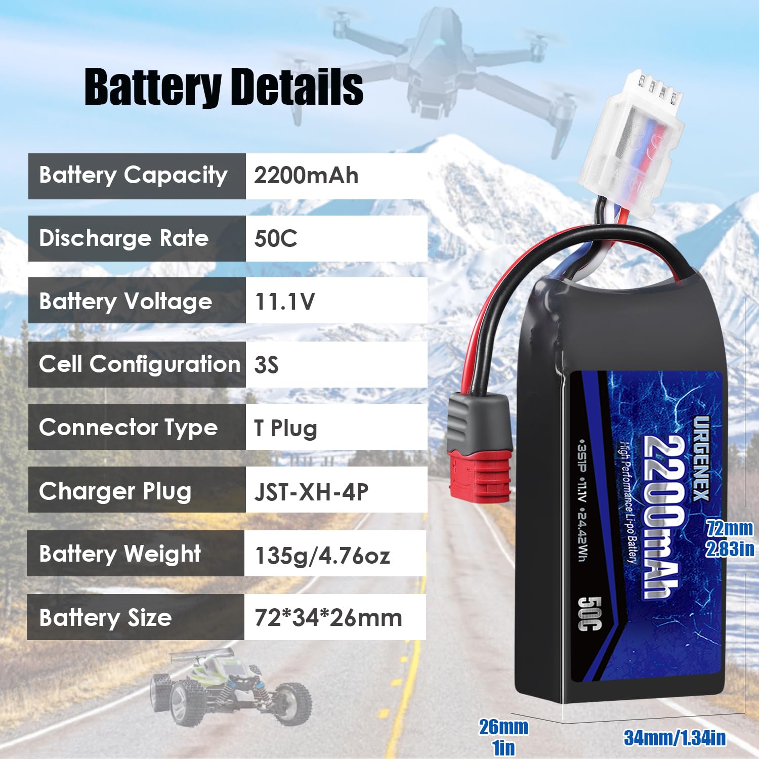 URGENEX 3S Lipo Battery 11.1V 2200mAh 50C with T Plug High Discharge Rate Upgrade RC Battery Accessories Compatible with H16GT H16DR H16BM H16 RC Car Trucks and Most 1/14 1/16 Scale RC Cars 1Pack