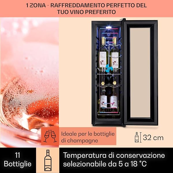 KLARSTEIN Cantinetta Vino Design, Cantinetta Vino Refrigerata a Zona Singola per Vino Rosso, Bianco e Birra, Controlli Touch, Frigo Vino Cantinetta per Esterno/Interno, 5-18°C, 32L, 12 Bottiglie - 3