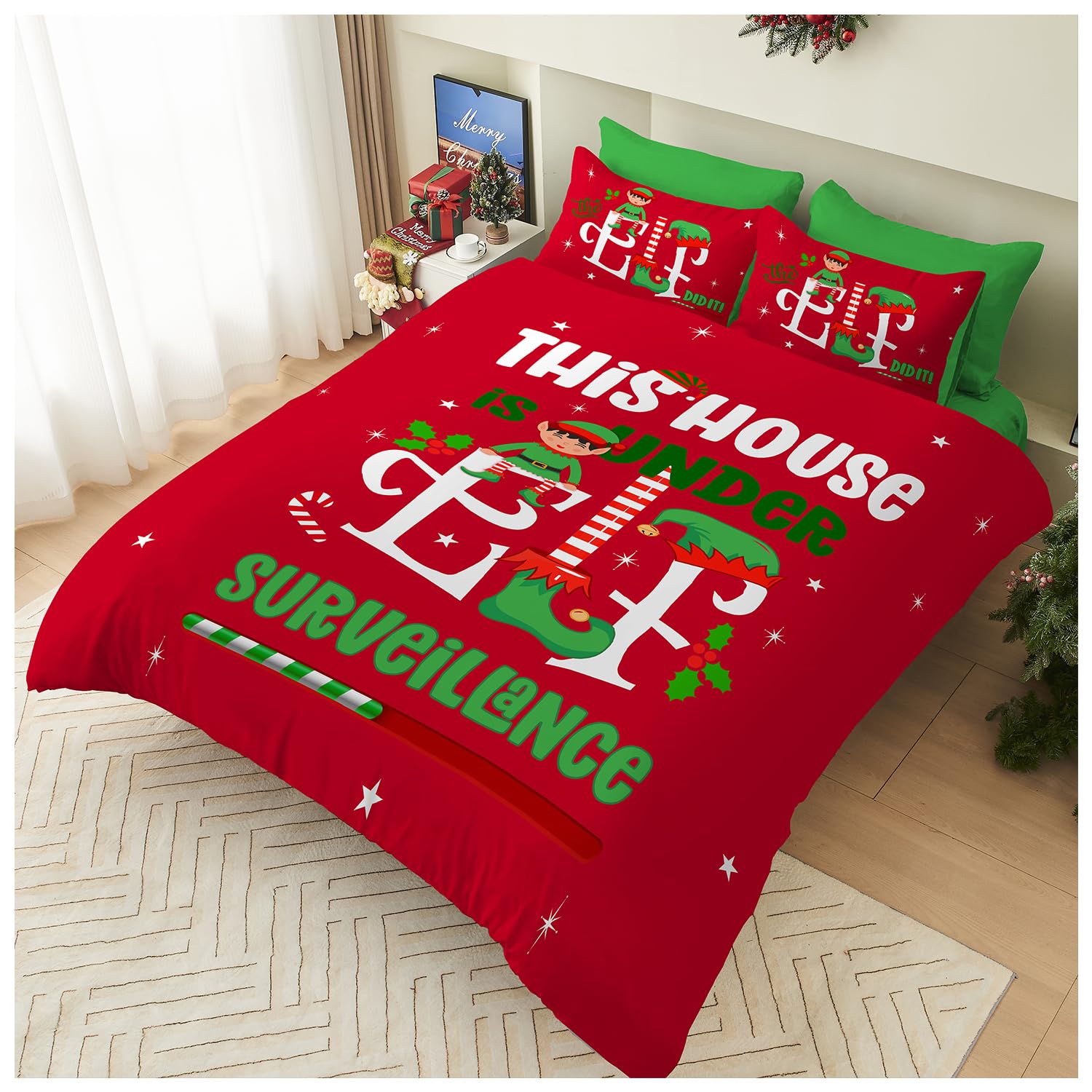 GC GAVENO CAVAILIA Elf Xmas Duvet Cover - Festive Christmas Double Bedding Set with Pillowcases - Soft Hypoallergenic Polyester Quilt Cover Bed Set (200x200 cm) - Easy Care Winter Bed Linen — image 1