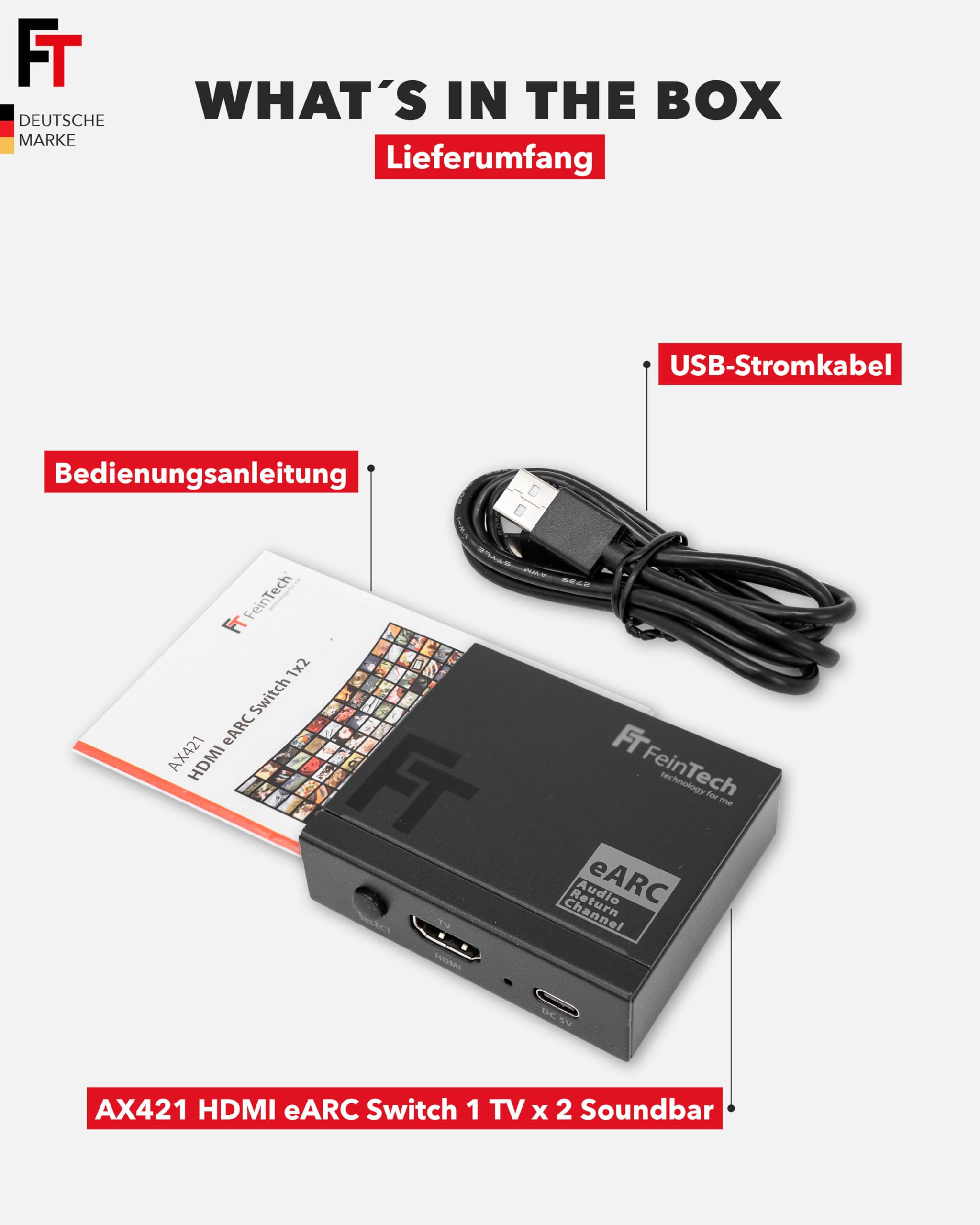 FeinTech AX421 HDMI eARC Switch 1 TV x 2 Soundbar - nutze 2 Soundgeräte an einem TV