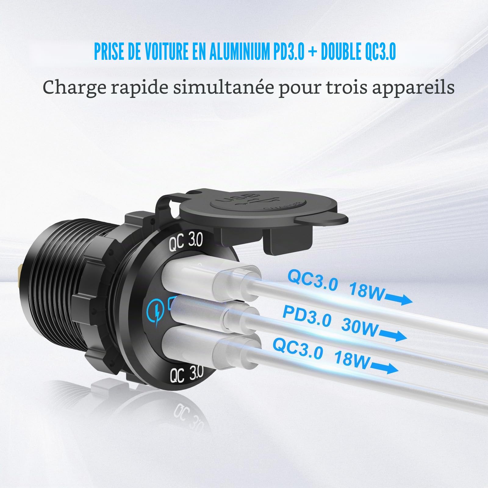 Prise USB 12V Panneau d'interrupteur Marin, Chargeur USB Double PD3.0 en Aluminium pour Voiture, Prise Allume-Cigarette 150W éclairée, Voltmètre LED Bleu et Interrupteur à Bascule Kit de Bricolage