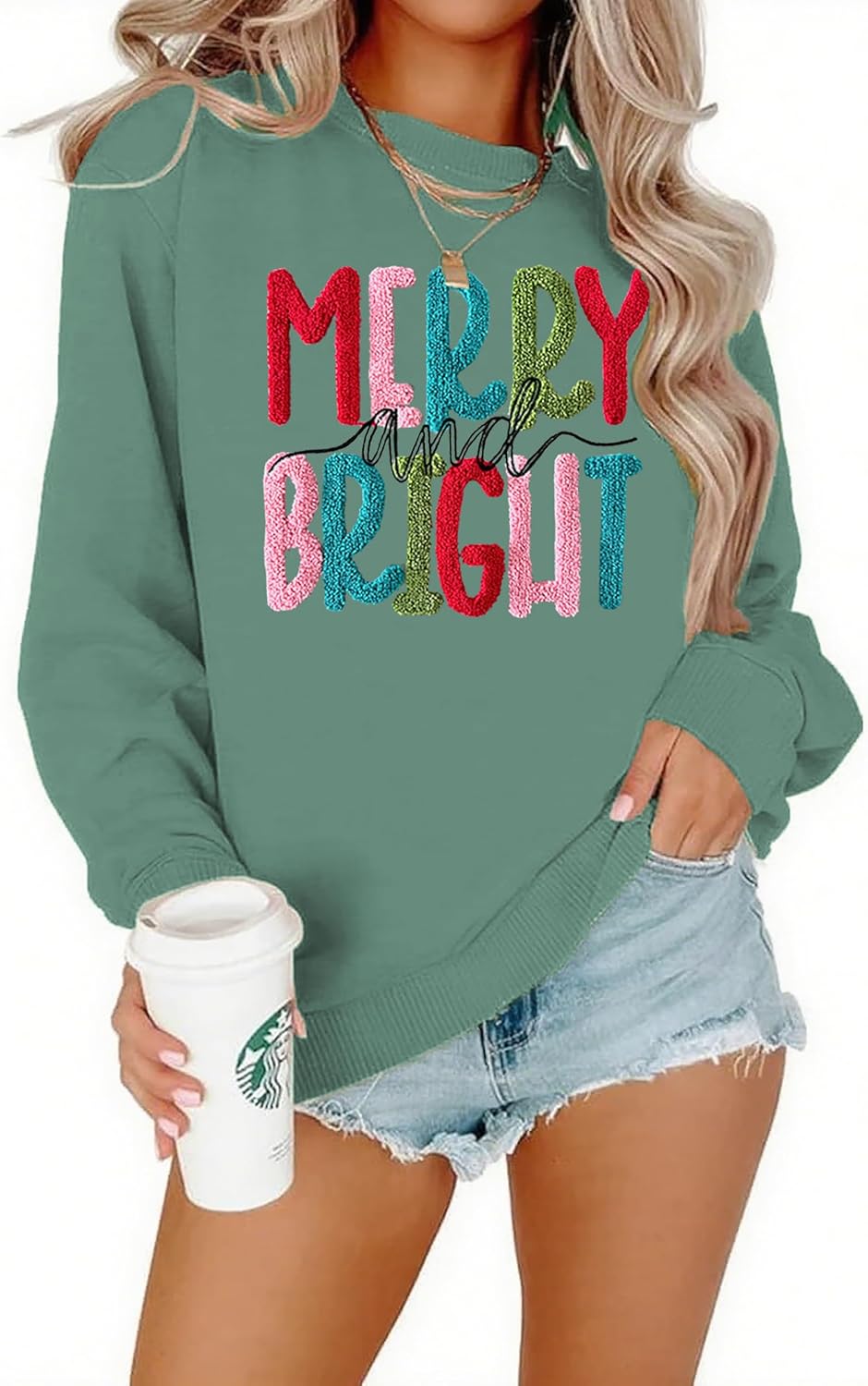 Merry Christmas Sweatshirts Women Merry And Bright Christmas Pullover Top Chenille Patch Letter Printed Xmas Gifts Top