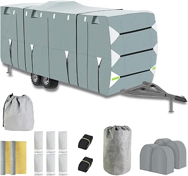 24-27 Travel Trailer RV Cover, 2026 Upgraded 7-Layer Heavy Duty Camper Cover - Waterproof, UV Resistant & Windproof with 4 Tire Cover, 2 Reinforced Straps, Adhesive Repair Patches