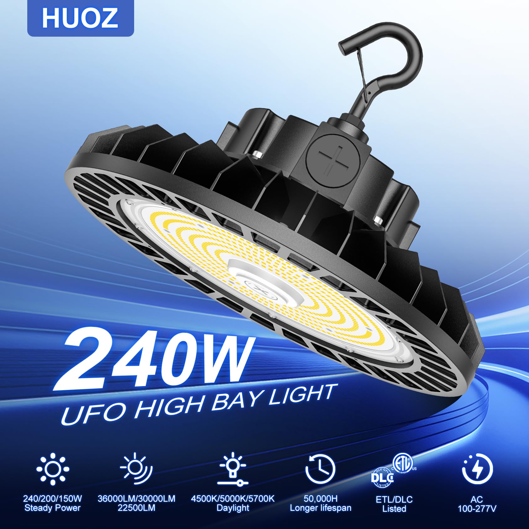 9 Pack LED High Bay Light 240W - 5ft Cable Adjustable CCT 4500K 5000K 5700K Power 240W 200W — view 2