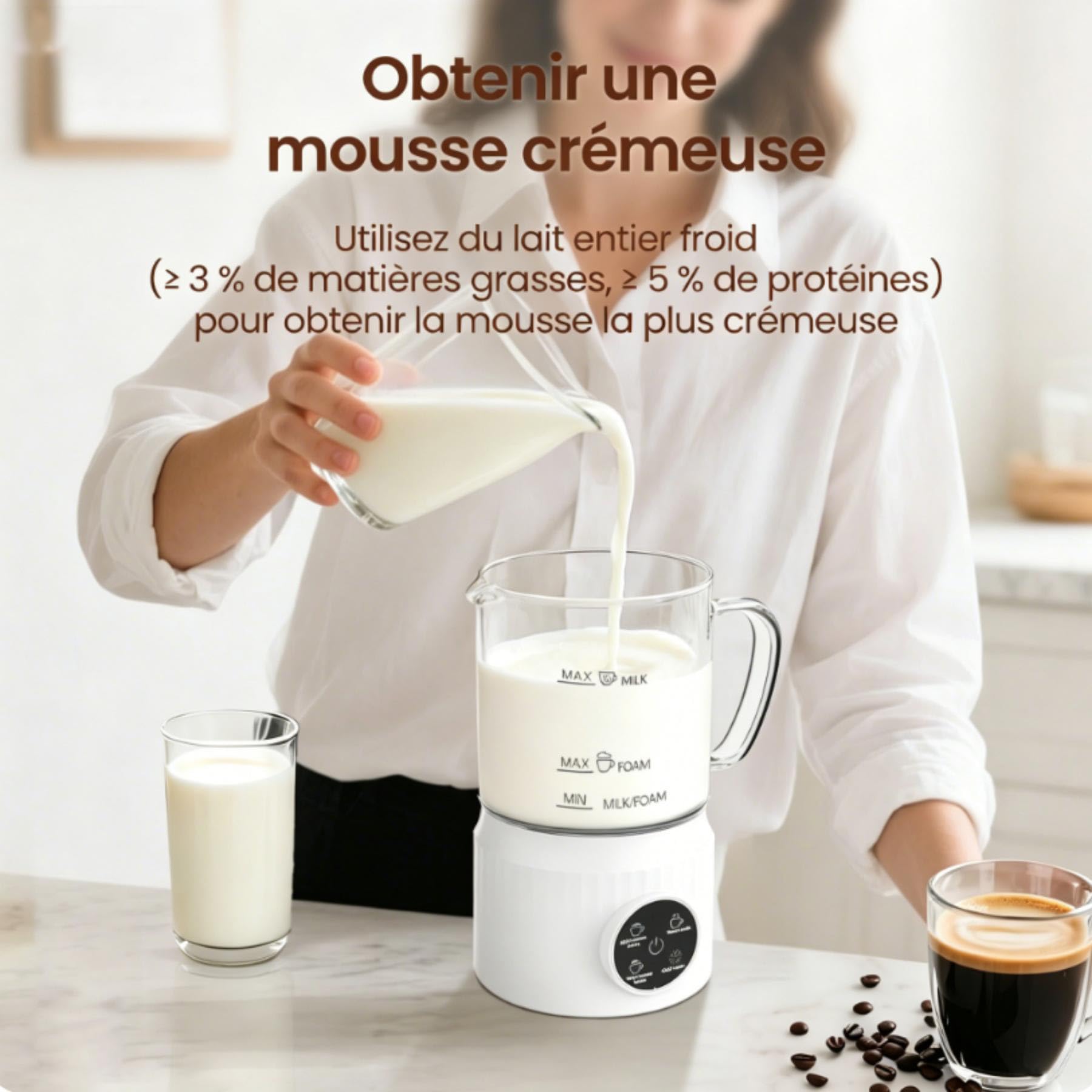 Mousseur à Lait Électrique 4 en 1 avec Chauffe Lait, Carafe Transparente pour Contrôle Visuel, Commande Tactile, Mousse Chaude et Froide pour Café, Latte, Cappuccino, Verre