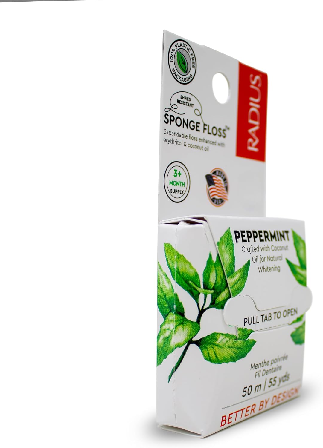 Radius Dental Floss, Sponge Floss, Peppermint, 55 Yards, Vegan & Non-Toxic Oral Care Designed to Help Fight Plaque, Pack of 3