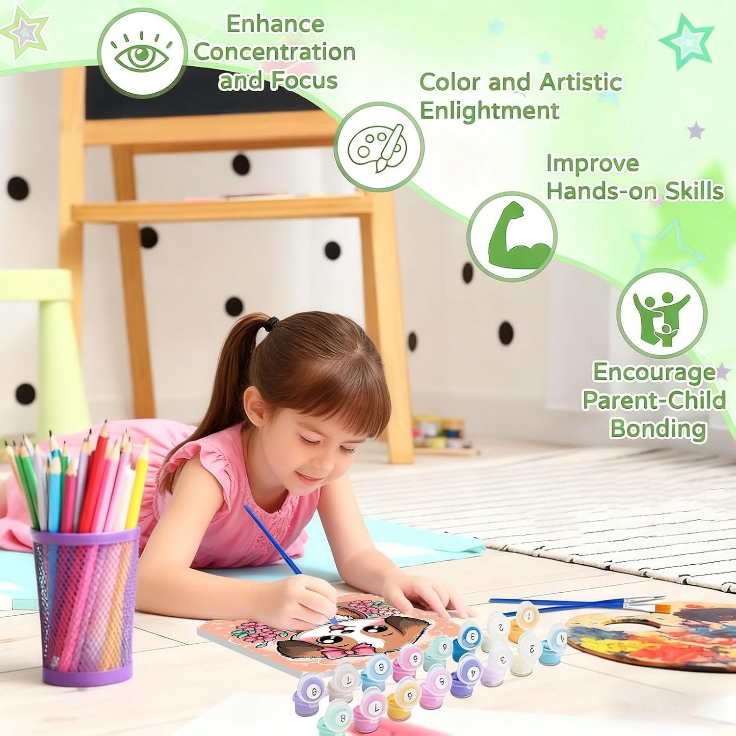 bleihum Dog Paint by Numbers Kit for Kids with Frame and Wooden Easel, Cute Paint by Number for Kids Ages 4-8-12, Animal Oil Painting by Number for Gift Home Wall Decor 8X8inch