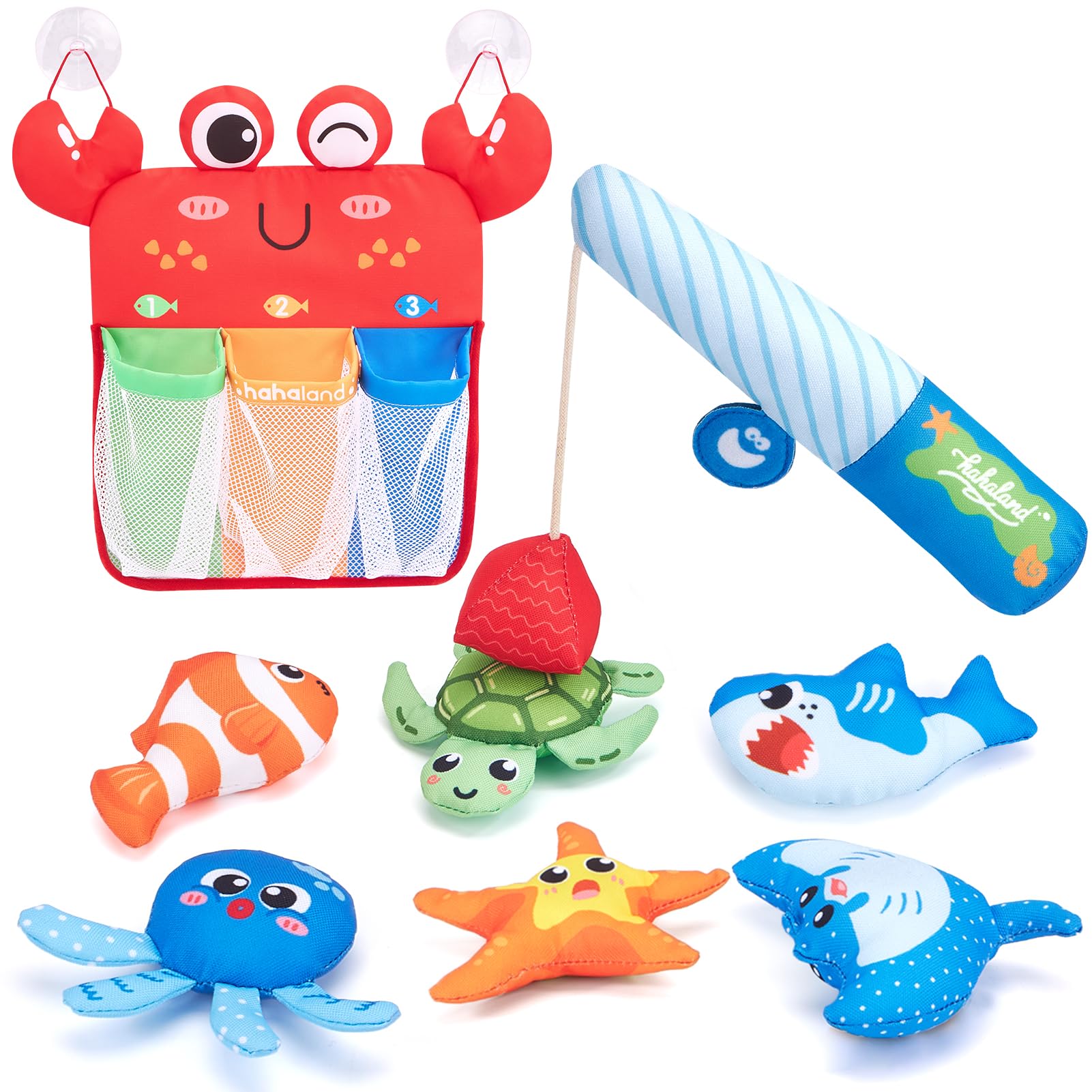 hahaland Bath Toys, Shower Water Baby Toys for Toddlers Ages 1-3, Sensory Soft Magnetic Fishing Toys with Color Sorting Mesh, Early Learning Montessori Shower Toy for 1 Year Old Boy Girl Gifts