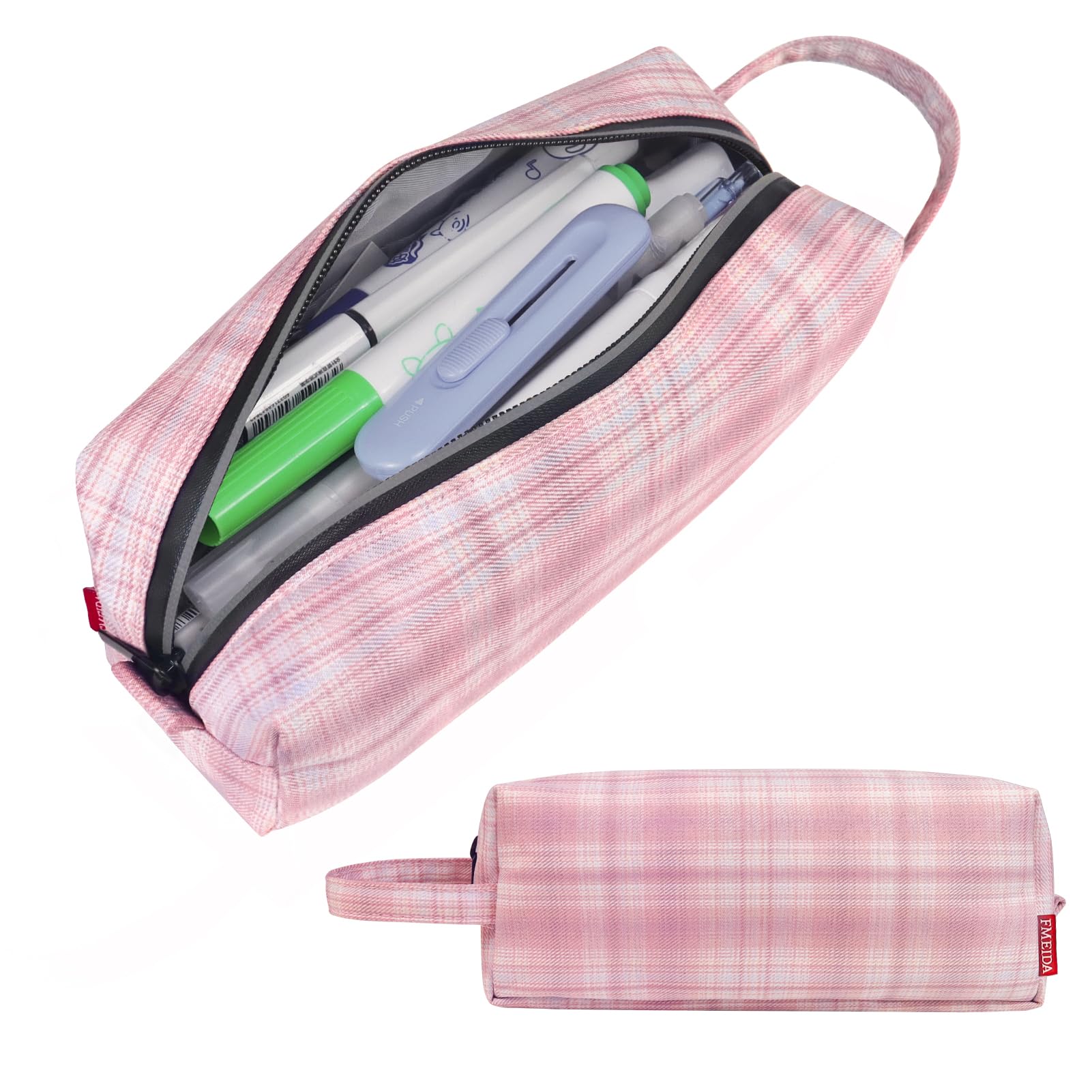 Fmeida Pencil Case Pouch - Pencils Pouch Portable Pen Bag Simple Office Supplies Stationery Bags with Handle - Pink Grid