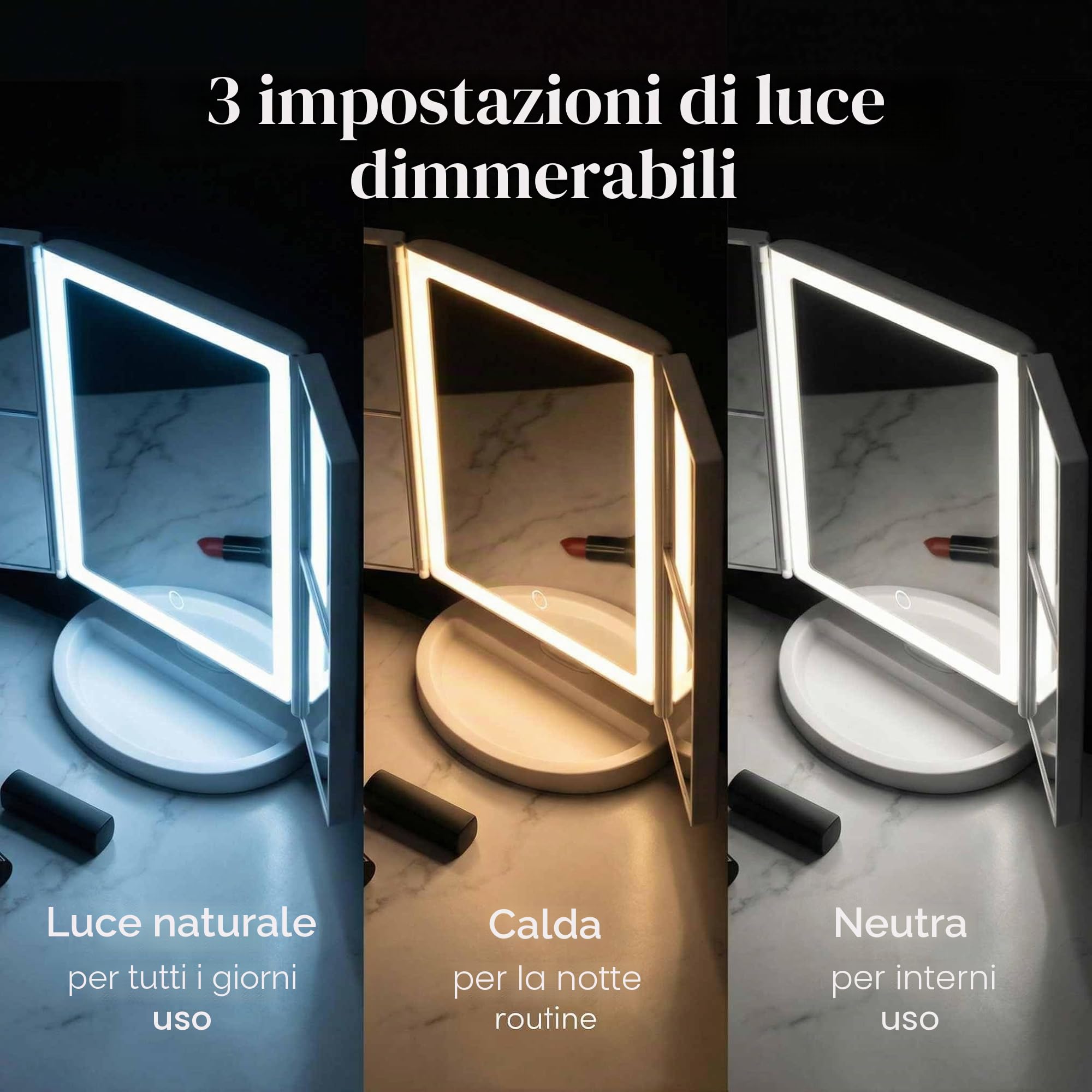 Fancii Specchio per il Trucco con Luci LED, 10x /5x/1x Ingranditore, Ricaricabile - 68 Dimmerabile Luci, Touch Screen, Specchio da Tavolo Regolabile, Supporto Cosmetico, Tria 2