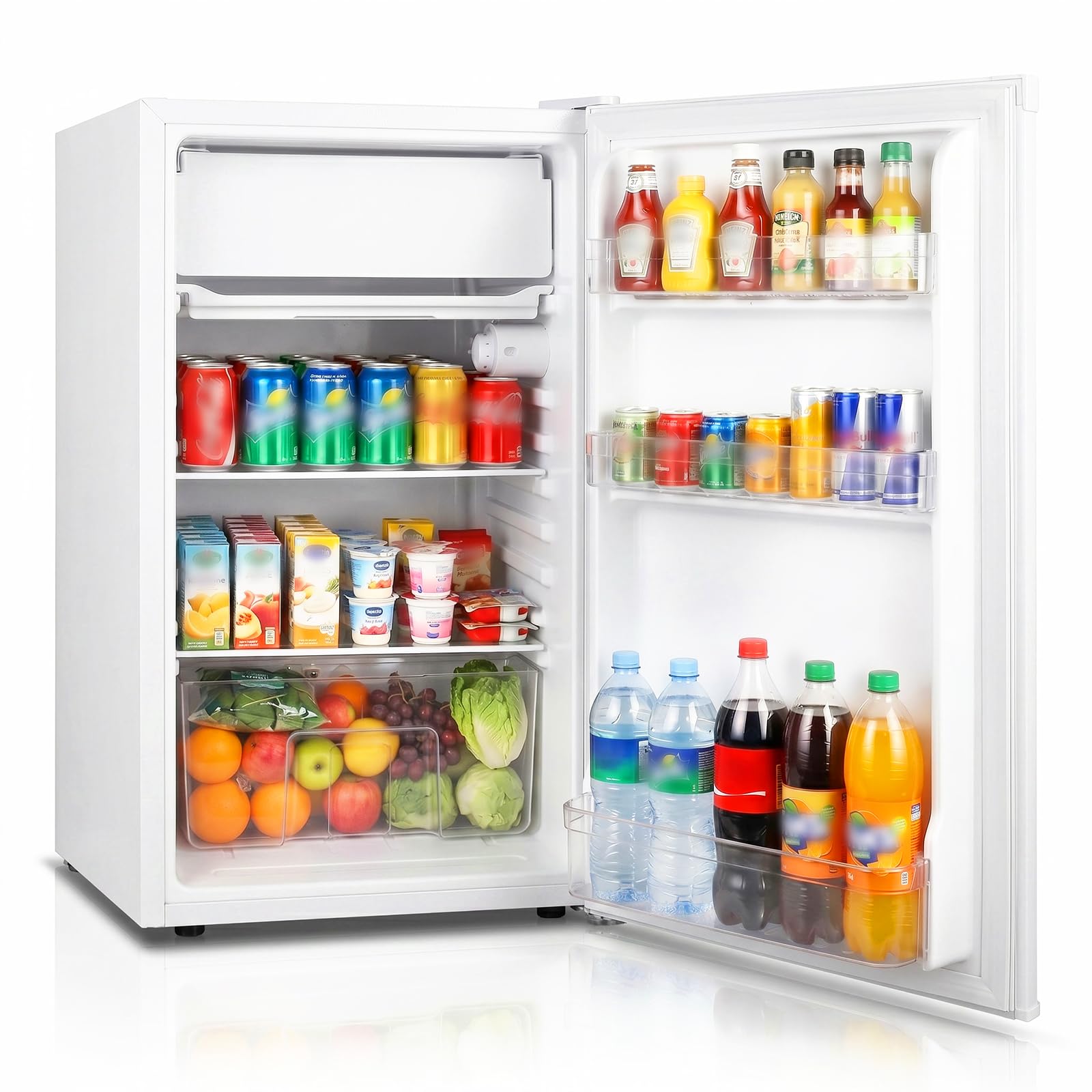 Mini frigorifero bianco 91L con congelatore, porta singola, termostato regolabile a 7 livelli. Risparmio energetico, bassa rumorosità, ideale per ufficio, camera e dormitorio