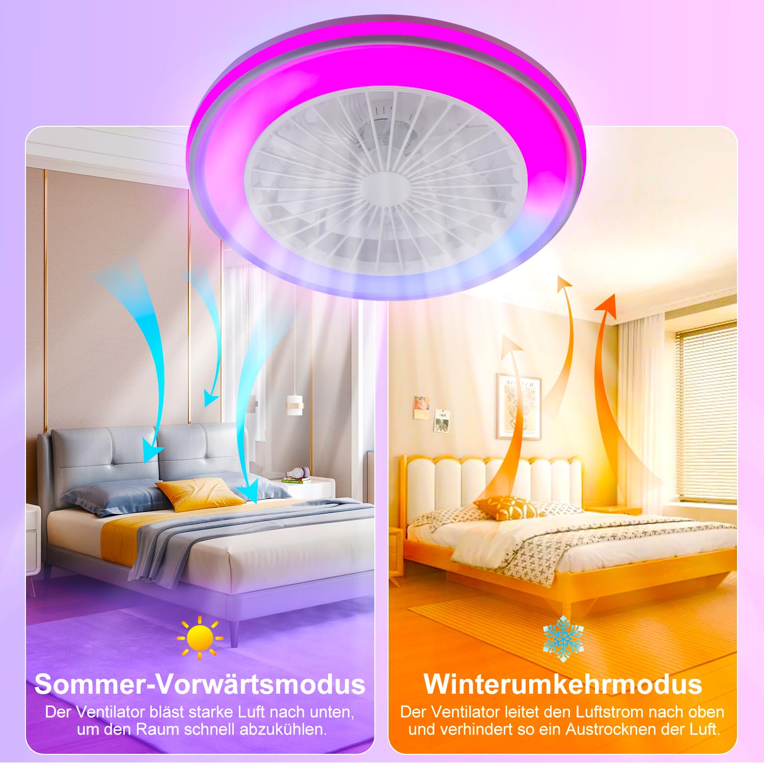 Deckenleuchte mit Ventilator, leise, RGB, Bluetooth-Musik 40W