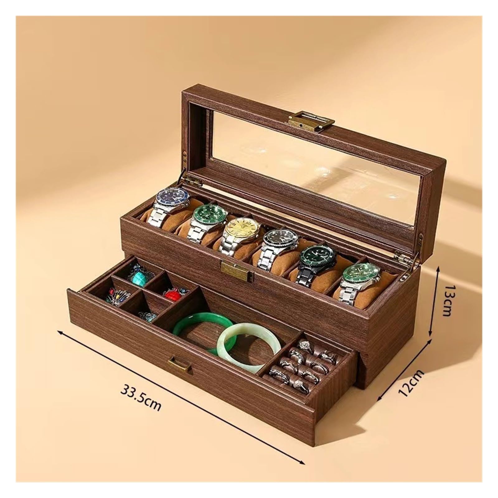 Joyeros Organizador Joyero De Madera De Dos Capas Caja Para Joyas | Múltiples celdas para almacenamiento de adornos.