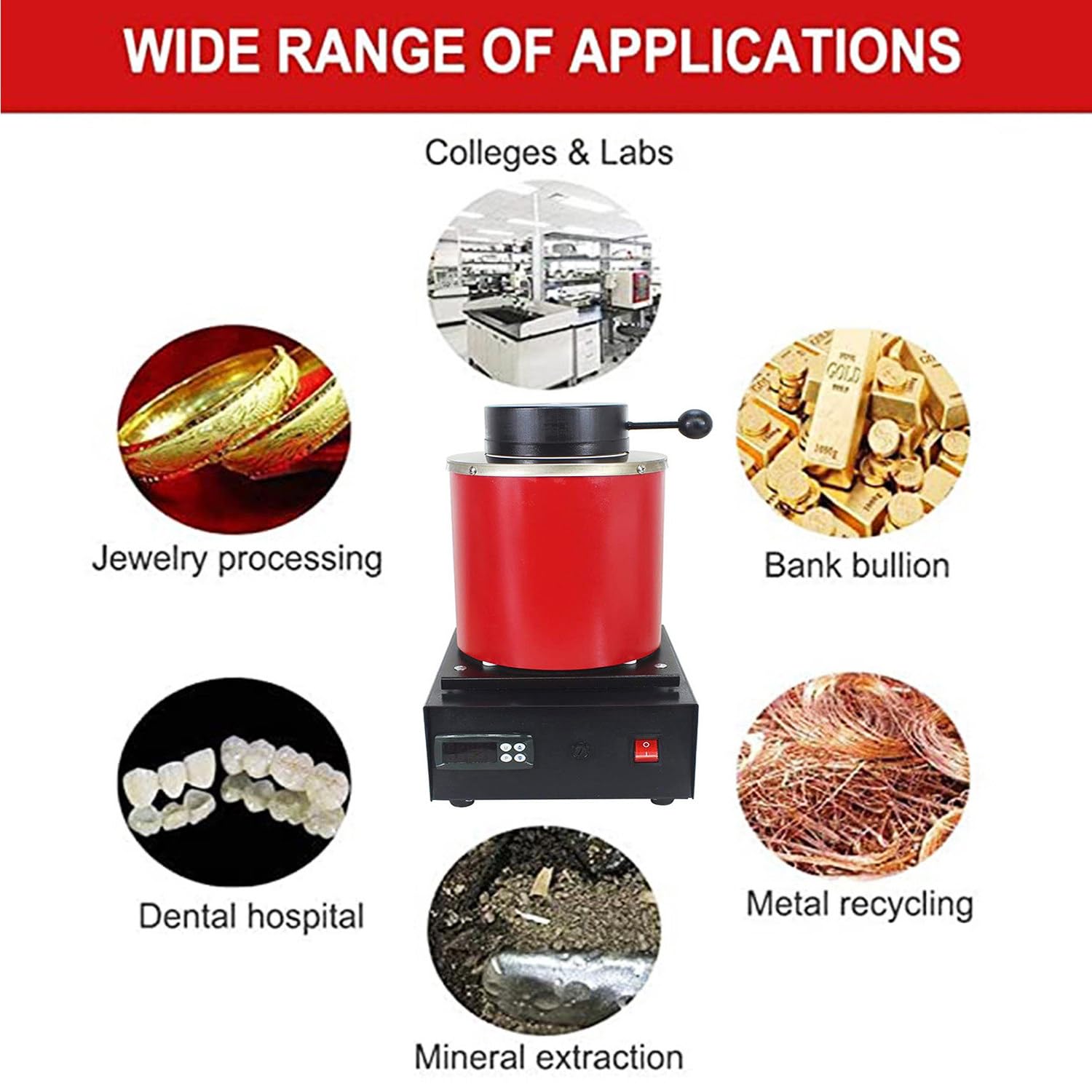 Qiang Four à Fondre Électrique Numérique pour Métal 2102°F (1150°C) Four Fusion d'or Fonderie de Métal avec Creuset Graphite pour Raffinage Ferraille de Fusion Argent Cuivre Aluminium,Red-2KG