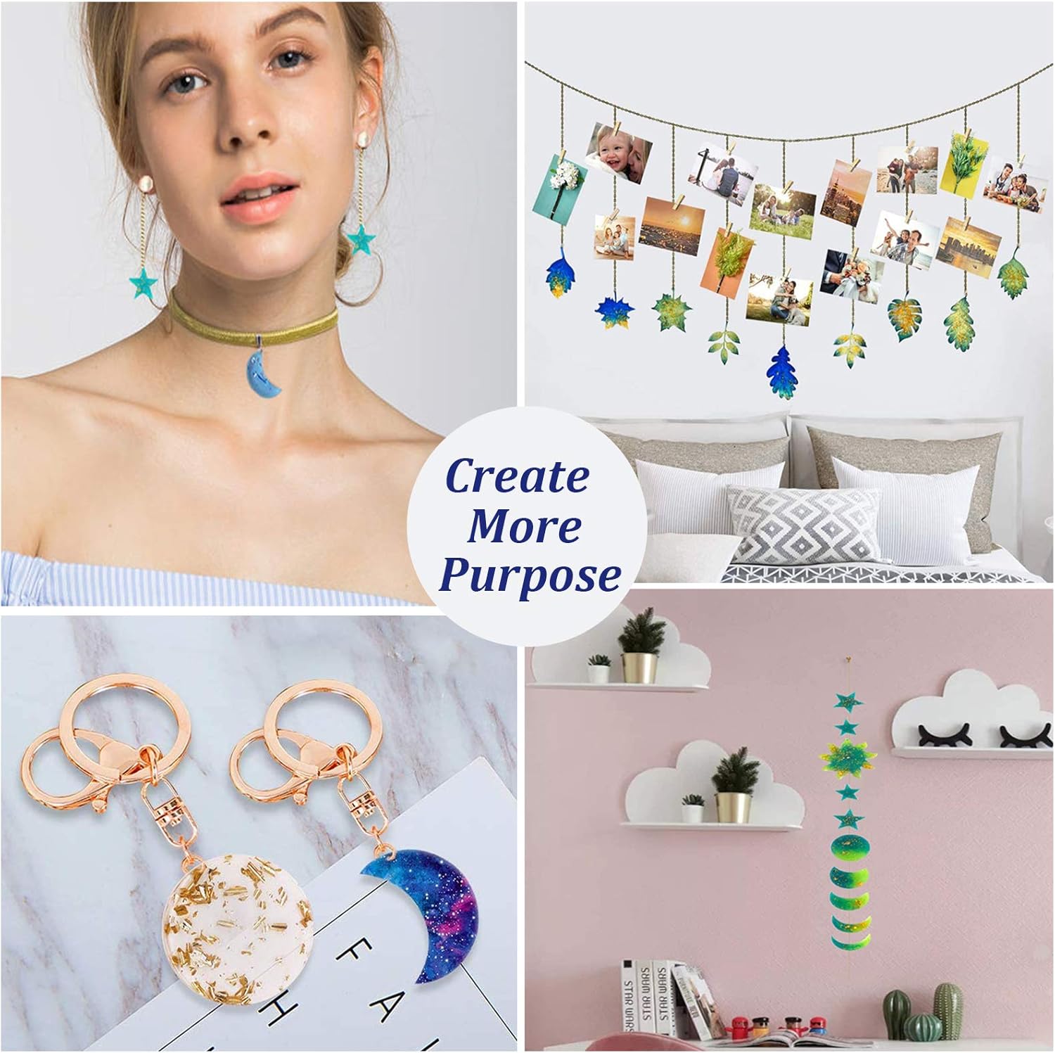 Resin Molds Photo Display, Epoxy Resin Molds, DIY Stars, Sun, Moon Phase Pendant Silicone Molds with Hanging Chains for Personalized Picture Frame, Wall Art Decoration Home Office College Room Dorm