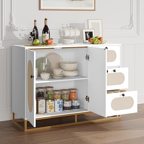 Miniatura 7 de BOTLOG Gabinete de buffet con almacenamiento, armario de almacenamiento de cocina de 47.2 pulgadas con cajones, armario de barra de ratán para sala