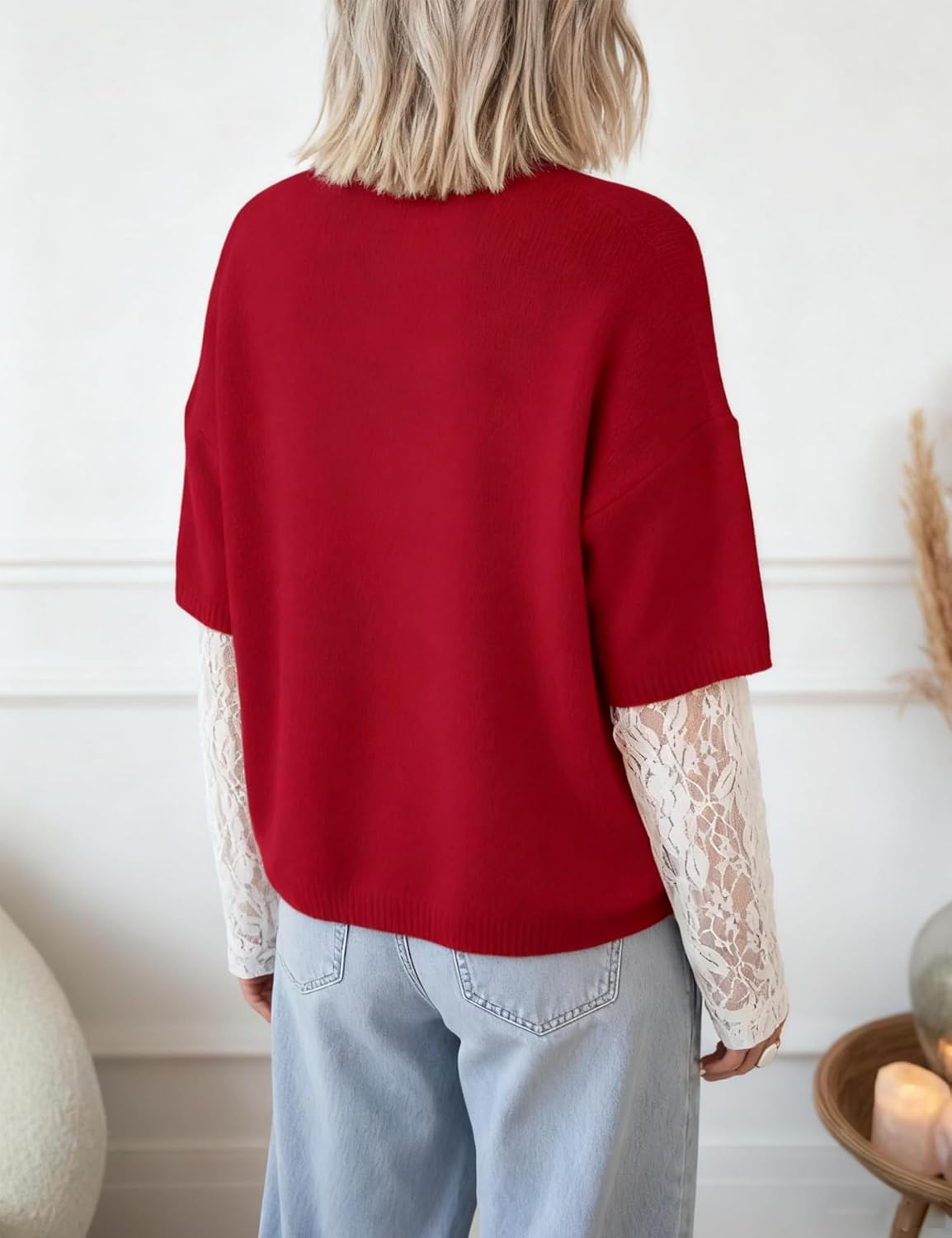 Women's Long Sleeve Sweater Crewneck Lace Patchwork Pullover Casual Lightweight Ribbed Knit Tops - Image 5