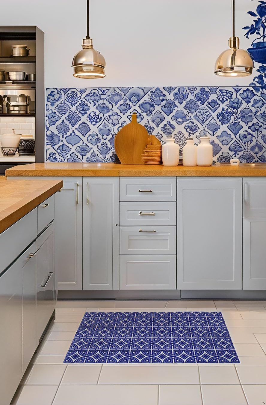 Cobalt Blue One-Piece Washable Rug, Large Door Mat for Entryway, Kitchen, Bathroom, Non-Slip Entry Mat, Indoor Doormat, Kid Friendly and Pet Friendly, Blue and White Chinoiserie Pattern, 27.5” x 47”