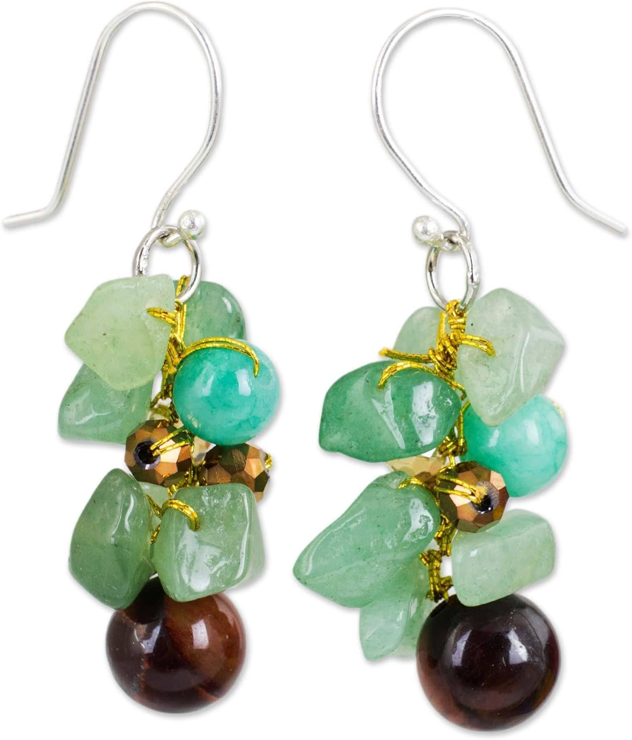 NOVICA Artisan Handmade Tigers Eye Cluster Earrings Beaded Dangle Sterling Silver Glass Calcite Quartz Turquoise Blue Green Thailand Bohemian Birthstone [1.6 in L x 0.6 in W] ' Chiang Mai Melody'