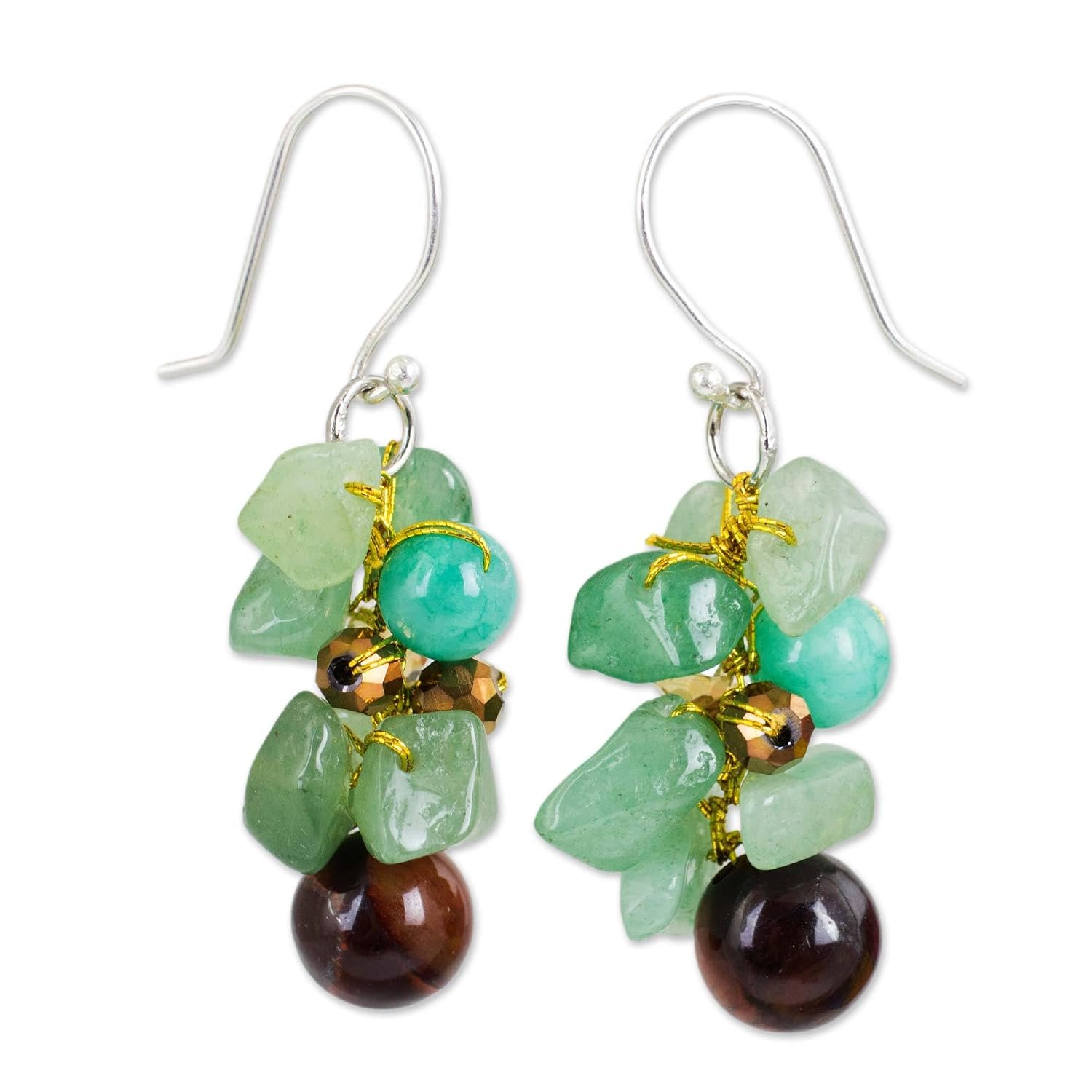 NOVICA Artisan Handmade Tigers Eye Cluster Earrings Beaded Dangle Sterling Silver Glass Calcite Quartz Turquoise Blue Green Thailand Bohemian Birthstone [1.6 in L x 0.6 in W] '...
