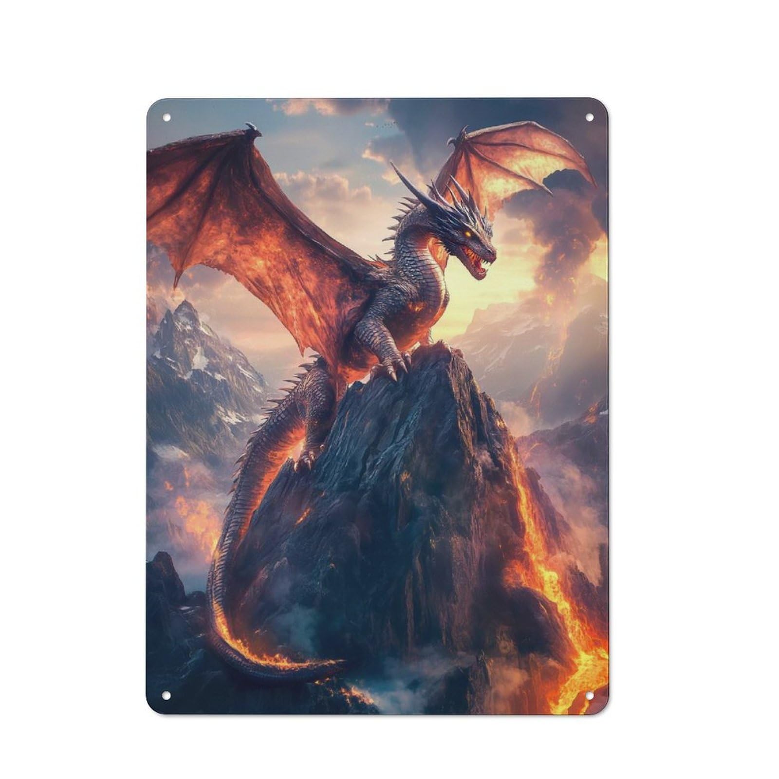 Junmoney Fiery Dragon On Volcano Rustic Tin Sign 40X30cm Featuring For Bar Or Restaurant, A Housewarming Gift For Bar Decor Enthusiasts
