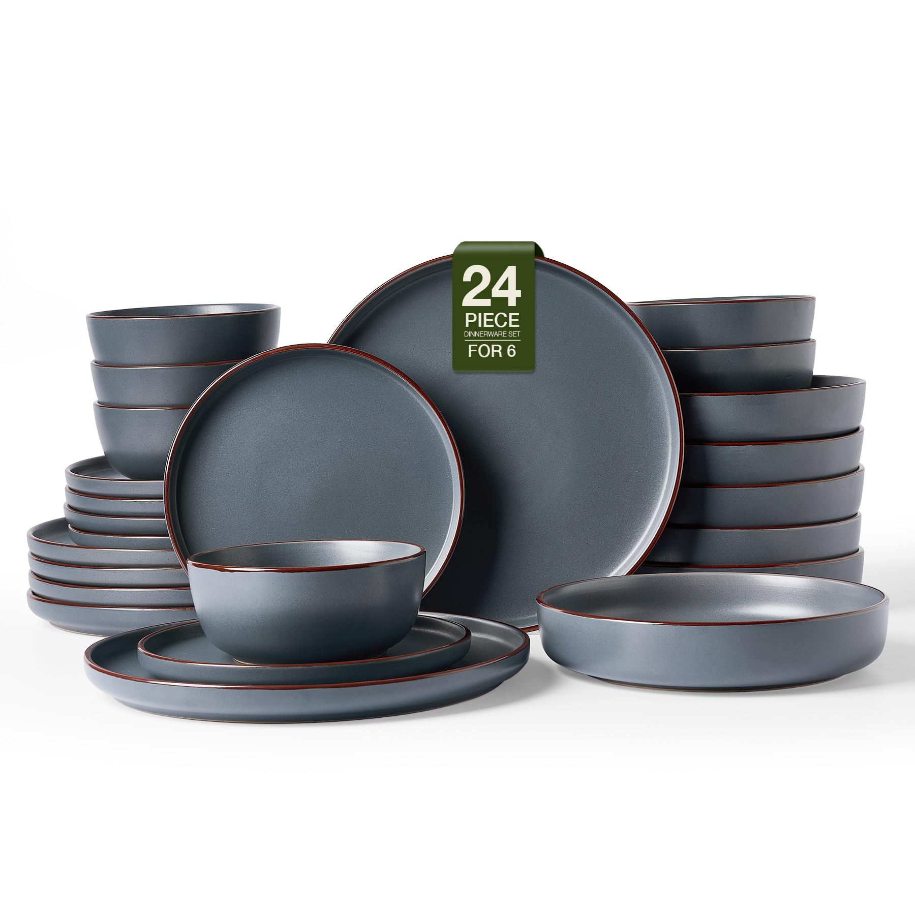 famiware mercury dinnerware sets with pasta bowls, service for 6 (24 pieces), stoneware plates and bowls sets, microwave and dishwasher safe dishes set, charcoal