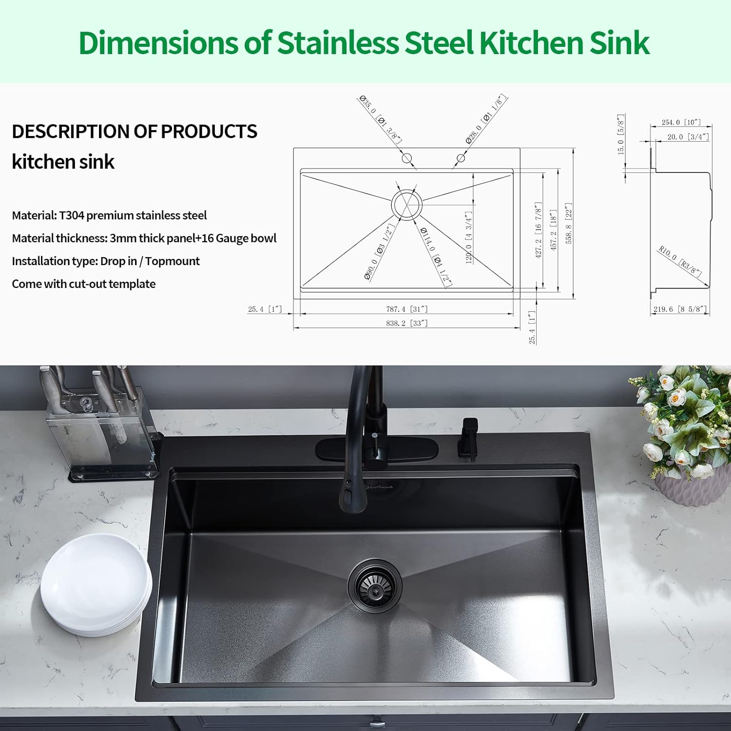 Kitchen Sink, 33 x 22 Drop in Kitchen Sink Gunmetal Black 16 Gauge Stainless Steel Kitchen Sinks Single Bowl Workstation Sink with Cutting Board