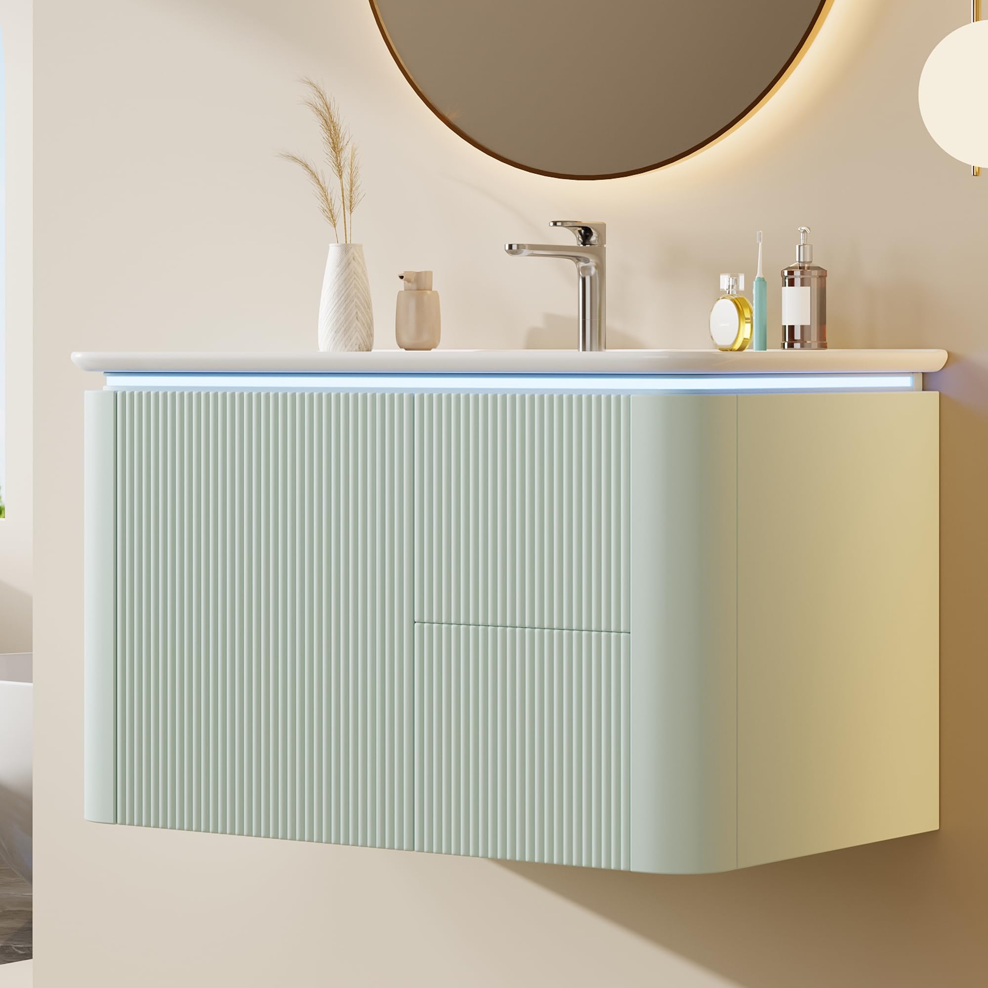 wandhängender Waschtischunterschrank, LED-Radar-Bewegungssensorleuchte, geräuscharme Schubladen, Anti-Stoß-Design, einteiliges Waschbecken (80.5×47.5×51cm (Grün))