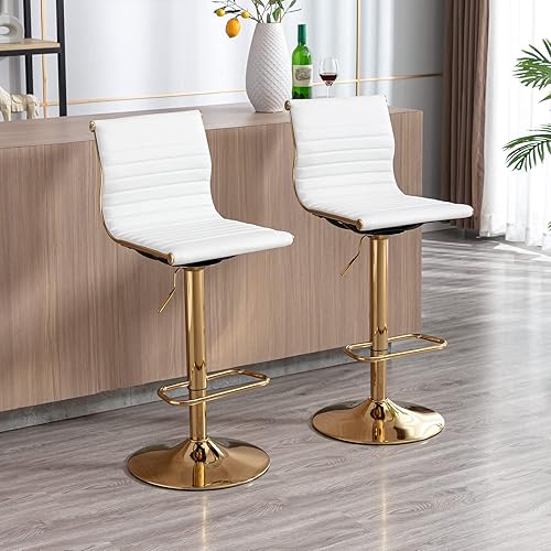 Miniatura 12 de Taburetes de bar de metal, sillas de bar de altura ajustable, taburete moderno de piel sintética blanca sin brazos con base cromada para isla de