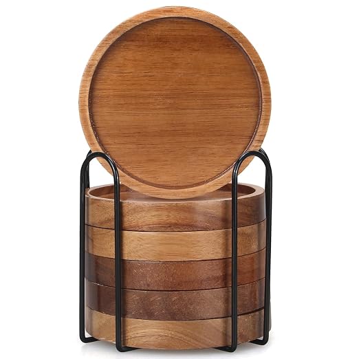 Wooden Trivet for Dining Table - Bamboo Heat Resistant Pad with Anti-Slip Grip Mats, Round Hot Pot Holder and Pan Stand for Kitchen Countertop Protection (Wood Coaster 6 pcs, Pack of 6)