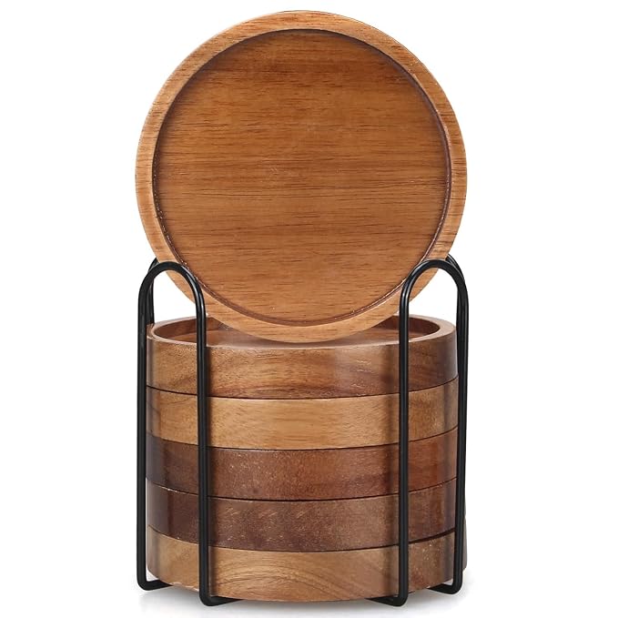 Wooden Trivet for Dining Table - Bamboo Heat Resistant Pad with Anti-Slip Grip Mats, Round Hot Pot Holder and Pan Stand for Kitchen Countertop Protection (Wood Coaster 6 pcs, Pack of 6)