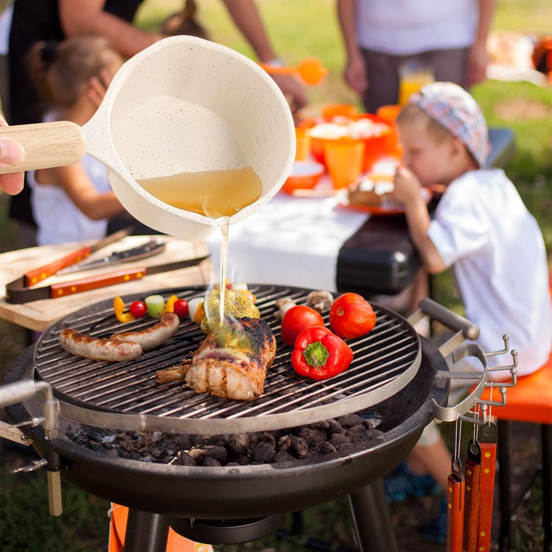 2 Pcs Sauce Pot with BBQ Mop Brush, Basting Pot and Brush Set, Mini Sauce Pan Butter Melting Pan Cooking Pot with Wooden Handle for Grilling, Barbecue, Smoking(White)