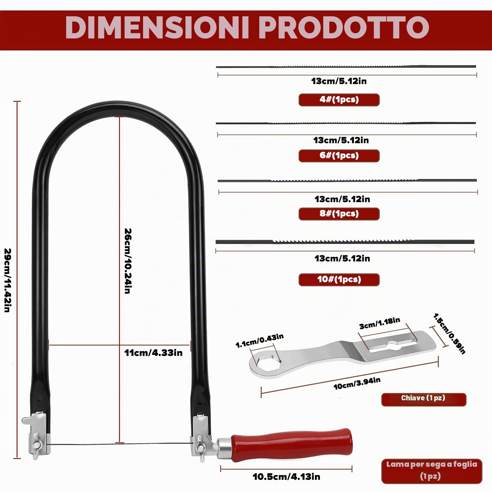 Set di Seghetti da Traforo Comprendente 4 Lame per Seghe (4#6#8#10#) Chiave di Montaggio e Archetto per Seghetti da Traforo per Metallo e Legno Sega da Ferro Piccola Girevole a 360 Gradi