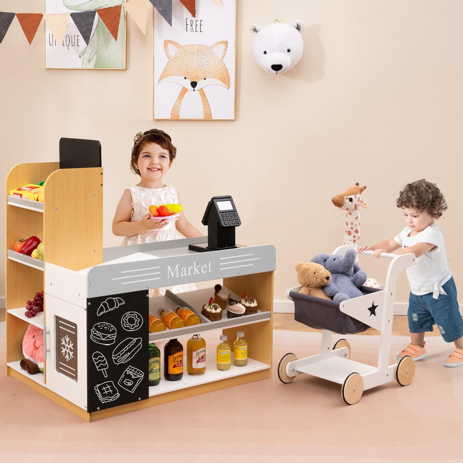 COSTWAY Kaufmannsladen, Kaufladen Kinder mit Einkaufswagen, Supermarkt Holz mit Kasse & 2 Tafeln, Einkaufsladen für Kinder ab 3 Jahren