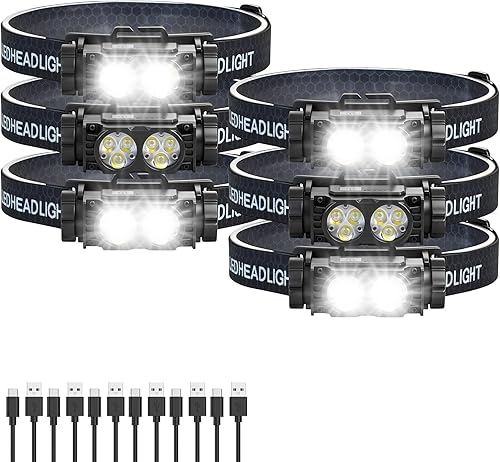 Bud K Paquete de 6 faros recargables, 5000 L, luz LED súper brillante, recargable, 3 modos, linterna desmontable y lámpara de cabeza impermeable