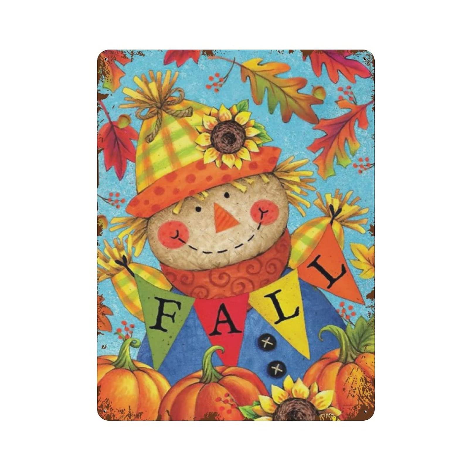Fall Scarecrow Sunflower Leaves Doll Metal Tin Sign Artwork Poster Iron Painting Outdoor Sign Vintage Plaque Poster Cave Garage Pub Bar Kitchen Home Decoration 16"x12"