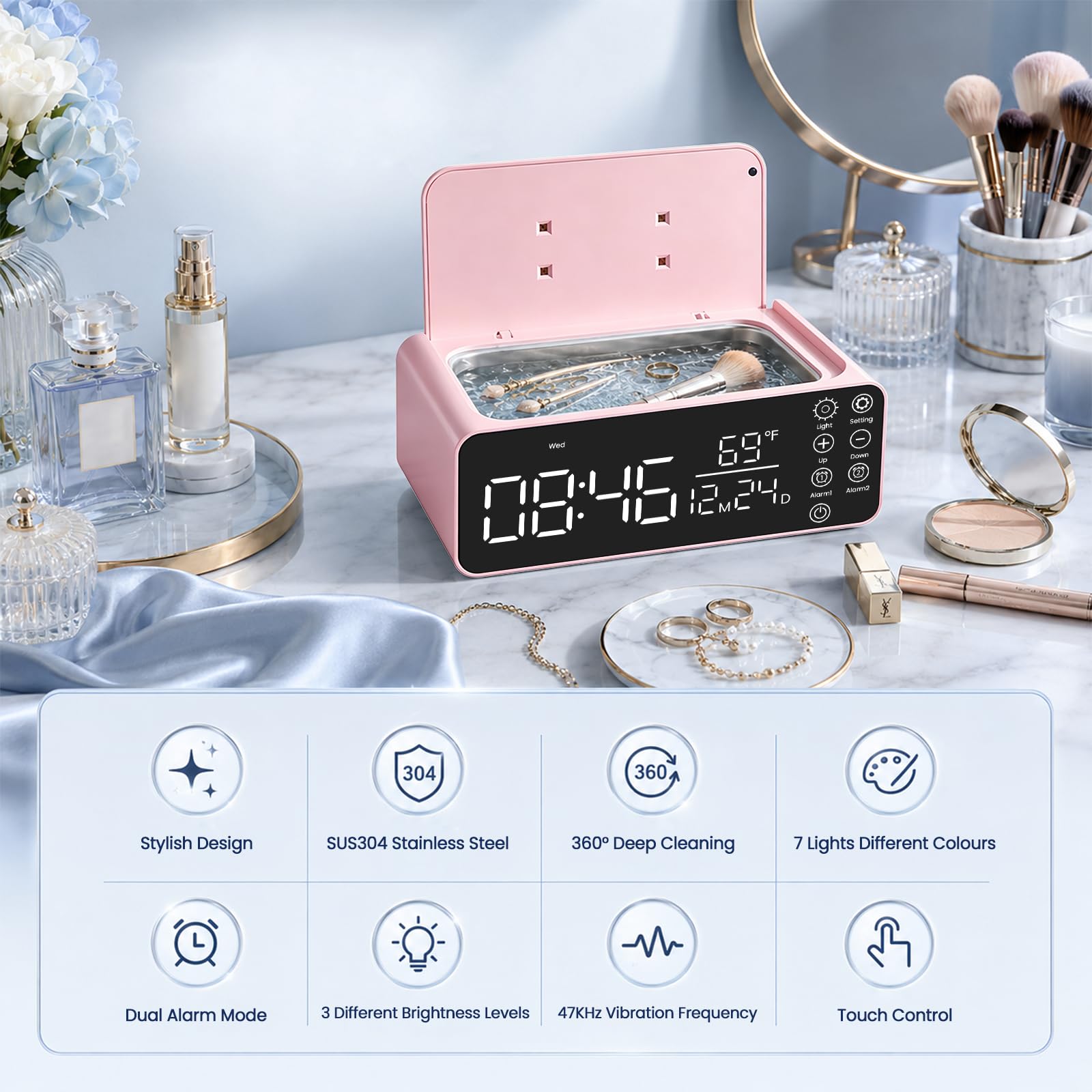 Dispositivo di pulizia a ultrasuoni, 48 kHz, 500 ml, dispositivo a ultrasuoni con sveglia, pulitore a ultrasuoni con display LCD, per apparecchi dentali, occhiali, anelli, orologi, incluso panno per