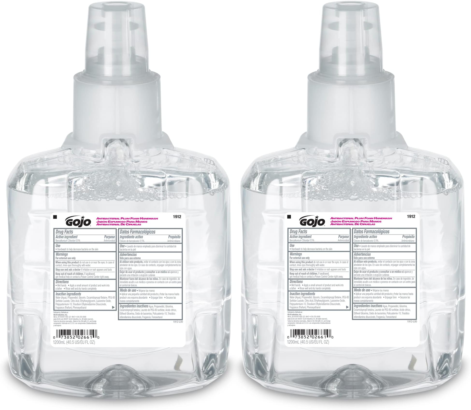 Antibacterial Foam Handwash, Plum Fragrance, 1200 mL Foam Hand Soap Refill LTX-12 Touch-Free Dispenser (Pack of 2) - 1912-02