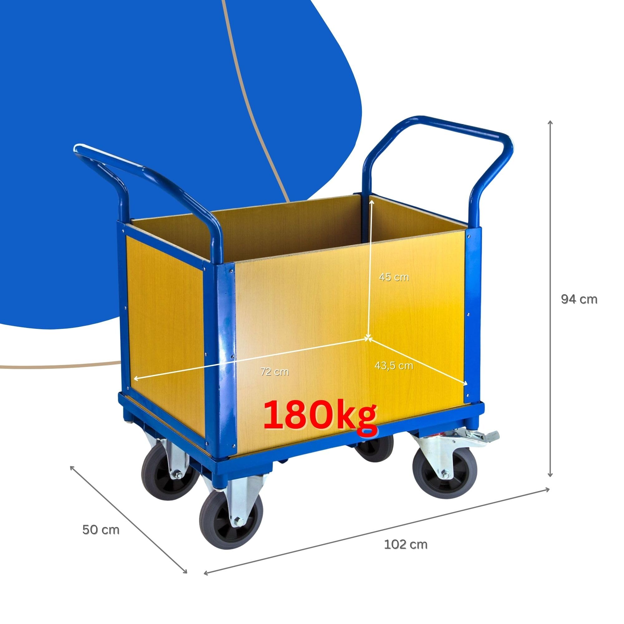 PROREGAL Transportwagen Handwagen Materialwagen mit 4 hohen Wänden | HxBxL 94x50x102cm | 2 Lenk- & Bockrollen | Traglast 180kg | Lichtblau
